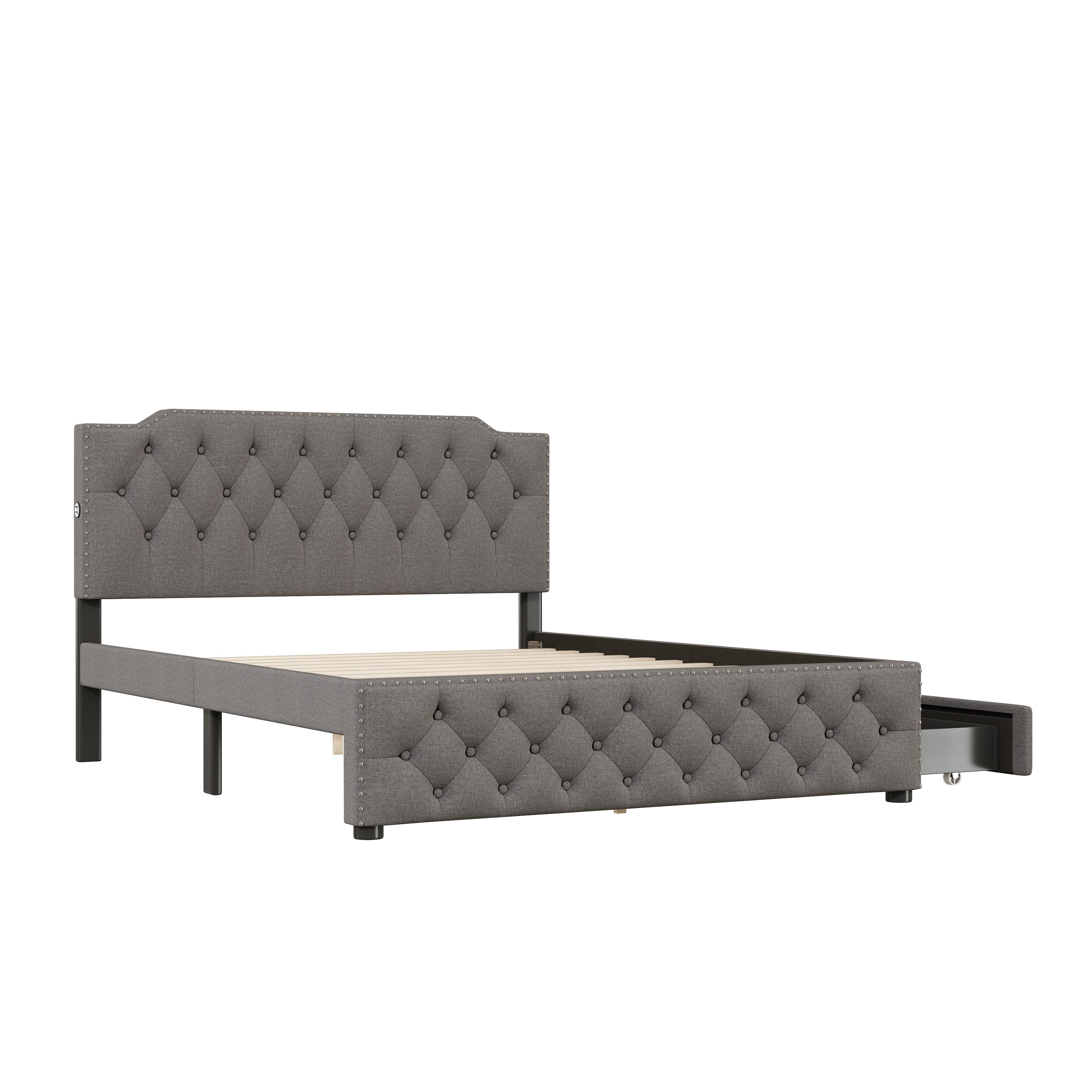 Queen Size Upholstered Platform Bed with 2 Drawers and 2 sets of USB Ports on each side, Linen Fabric, Gray