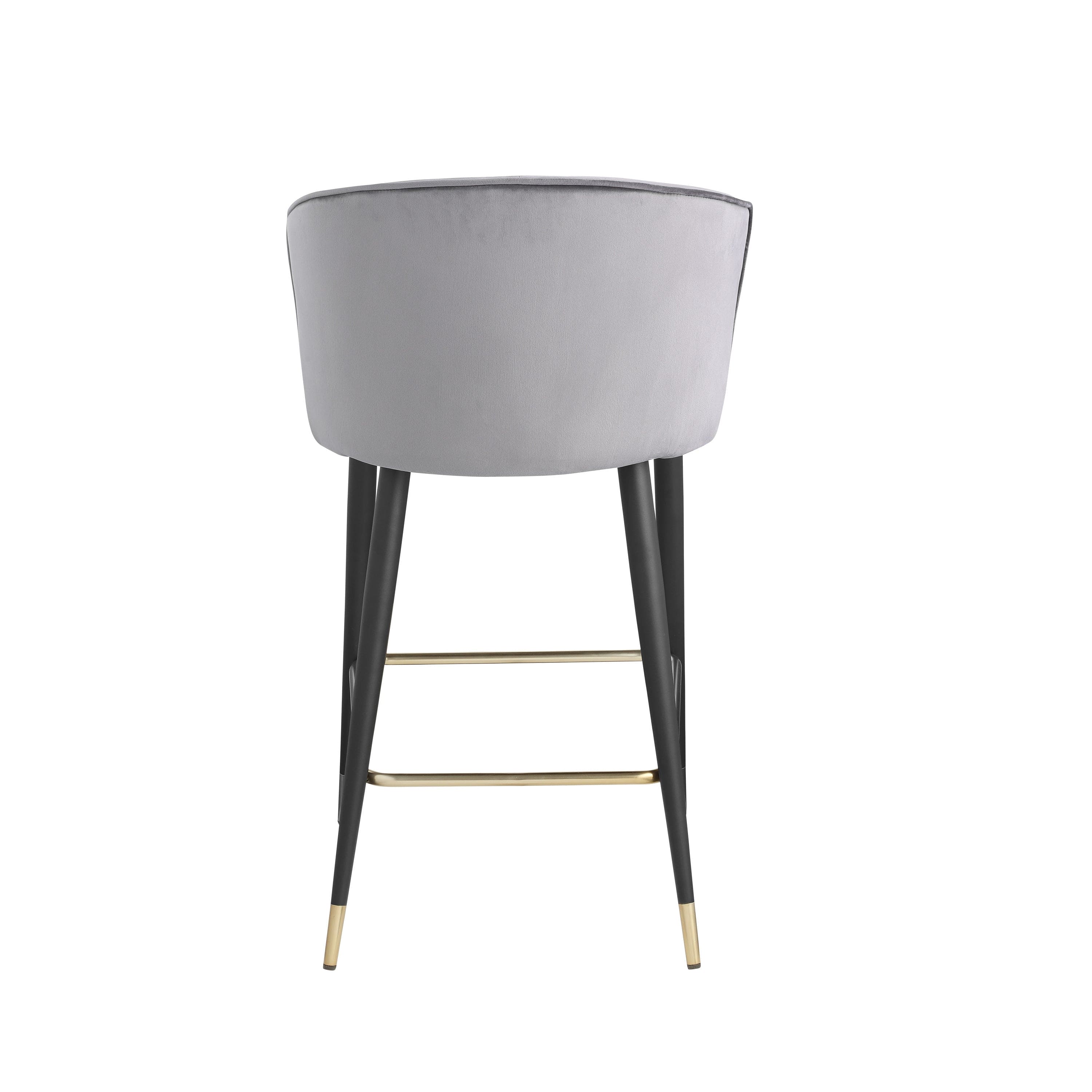 Contemporary Velvet Upholstered Counter Height Stool with Deep Channel Tufting and Gold Tipped, Black Metal Legs, 20" W x 21" D x 36.5" H, Gray