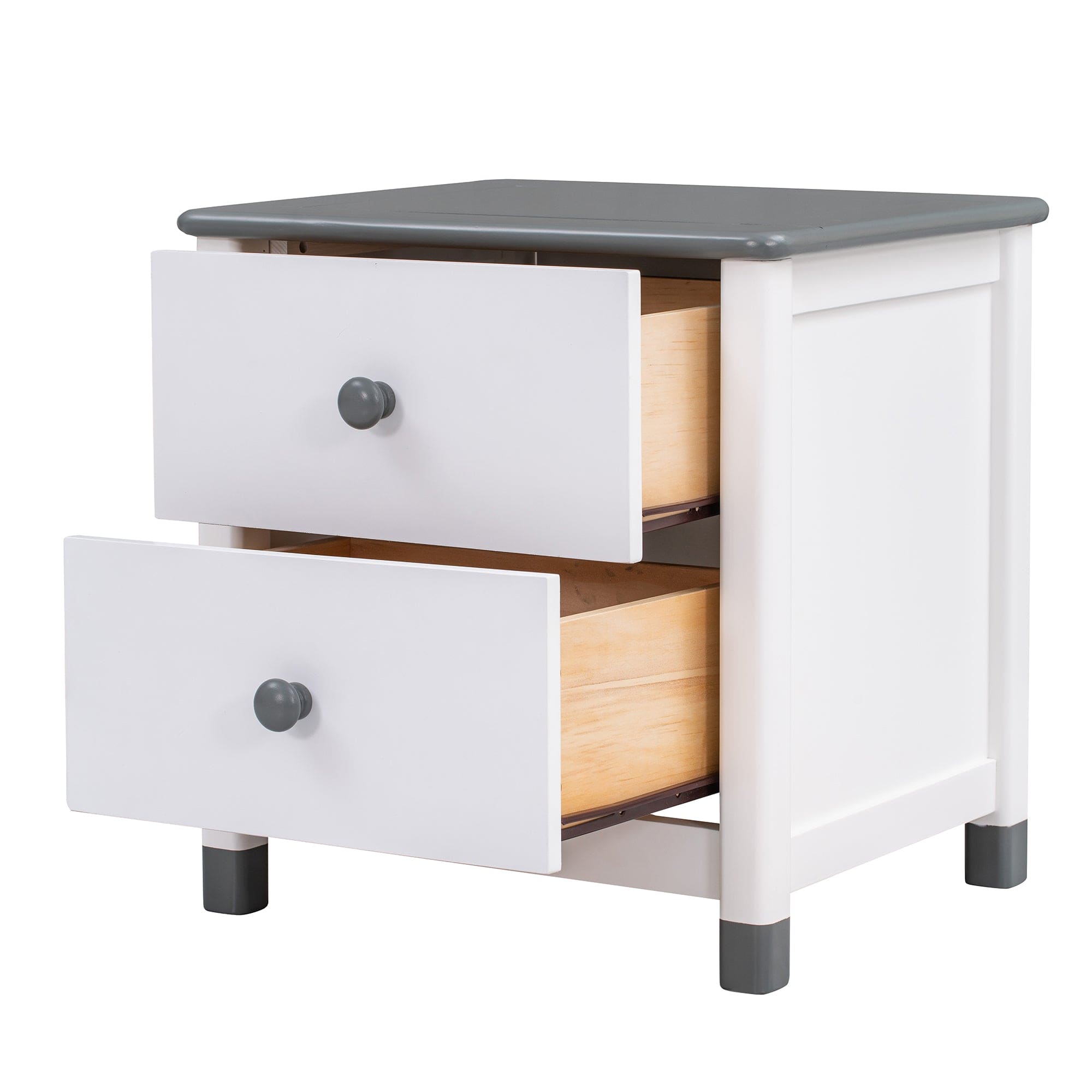 Wooden Nightstand with Two Drawers for Kids,End Table for Bedroom,White+Gray