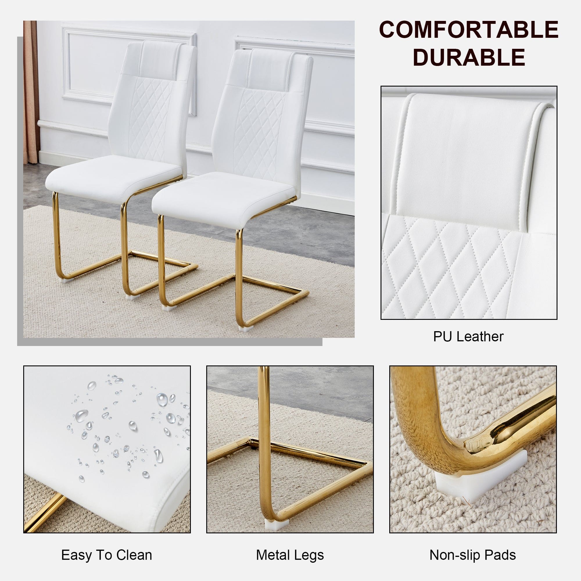 Modern dining chairs, dining room chairs, and golden leg cushioned chairs made of artificial leather, suitable for kitchens, living rooms, bedrooms, and offices. Set of 4 pieces (white+PU)C-001