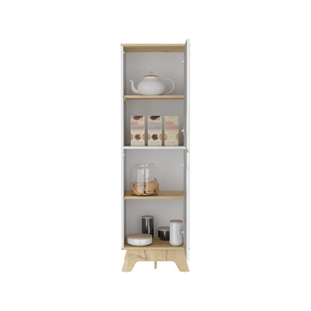 Single Kitchen Pantry Wallas, Four Shelves, Two Doors, Light Oak / White Finish