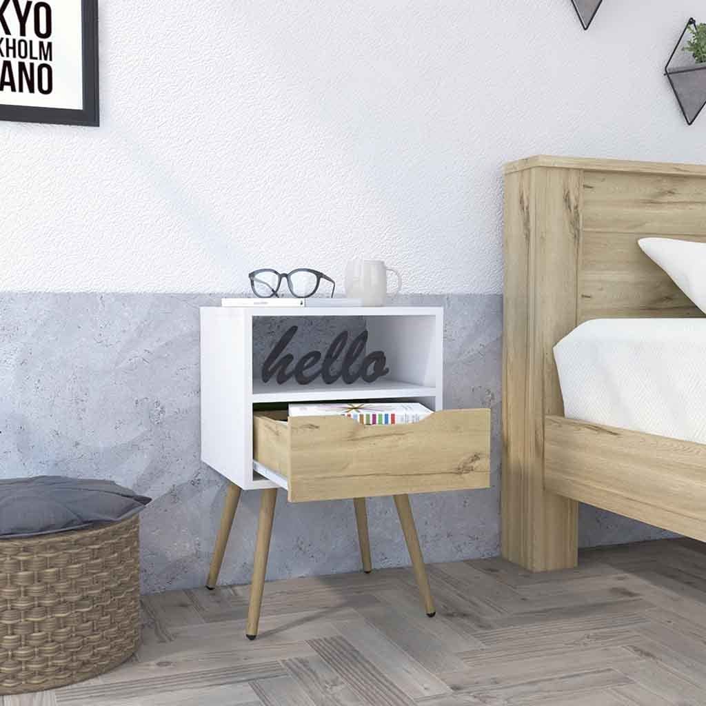 Nightstand  Fugaz, Open Shelf, Single Drawer, White / Light Oak Finish