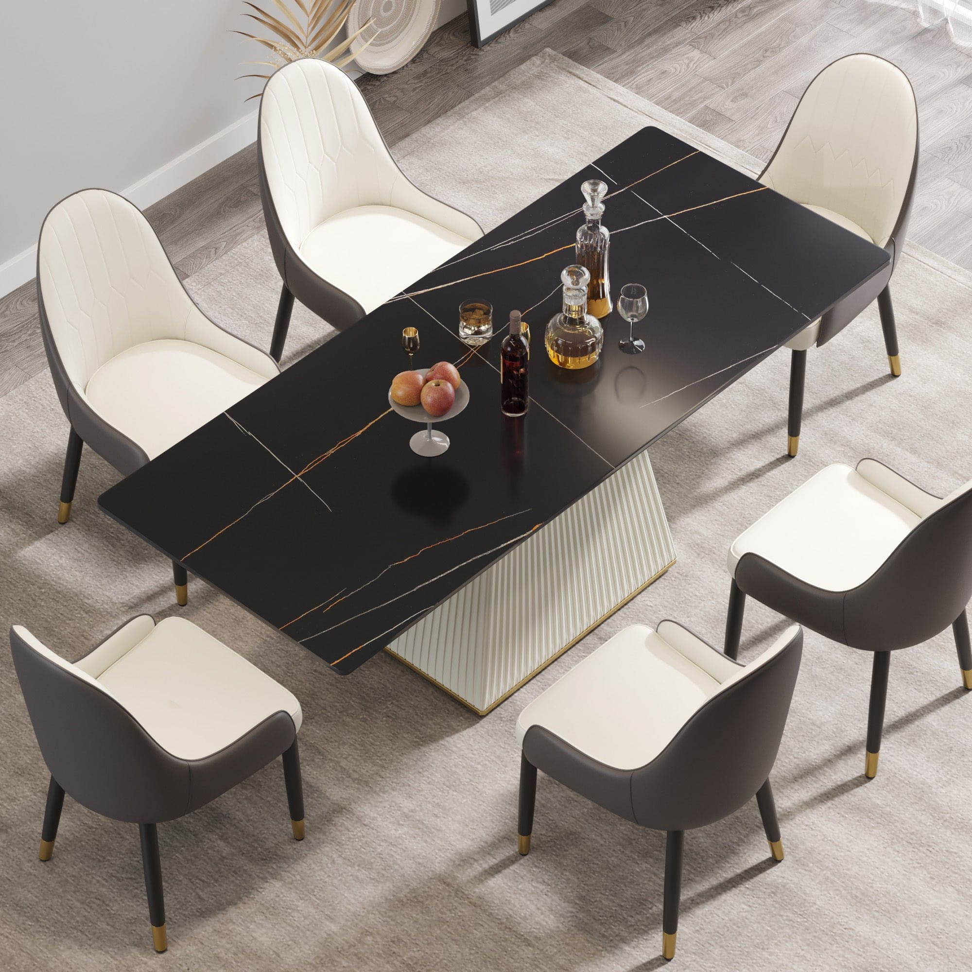 78.74" modern artificial stone black straight side panel-beige PU plywood table legs-can accommodate 8 people.