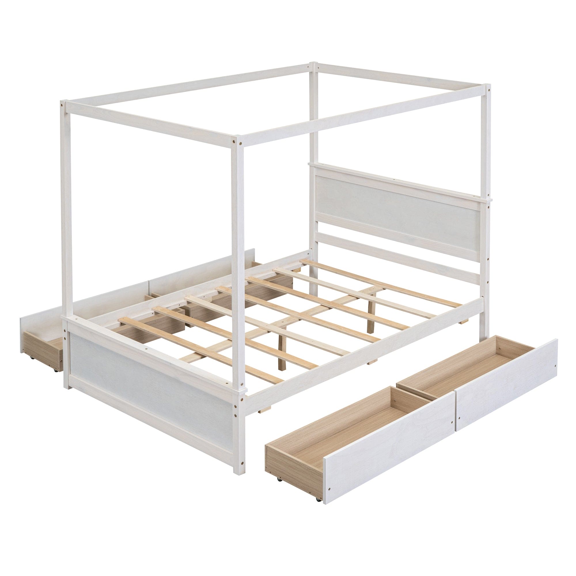 Wood Canopy Bed with four Drawers ,Full Size Canopy Platform Bed With Support Slats .No Box Spring Needed, Brushed White