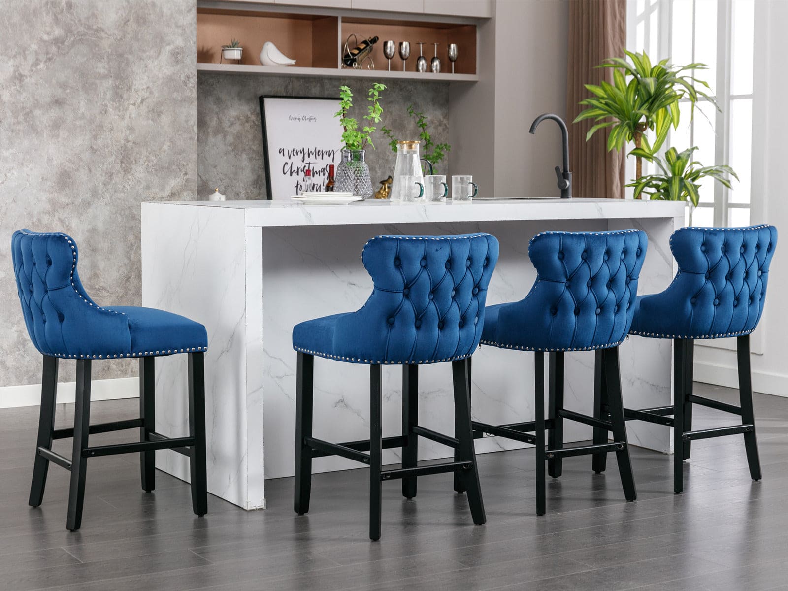 A&A Furniture,Contemporary Velvet Upholstered Wing-Back Barstools with Button Tufted Decoration and Wooden Legs, and Chrome Nailhead Trim, Leisure Style Bar Chairs,Bar stools,Set of 2 (Blue),SW1824BL