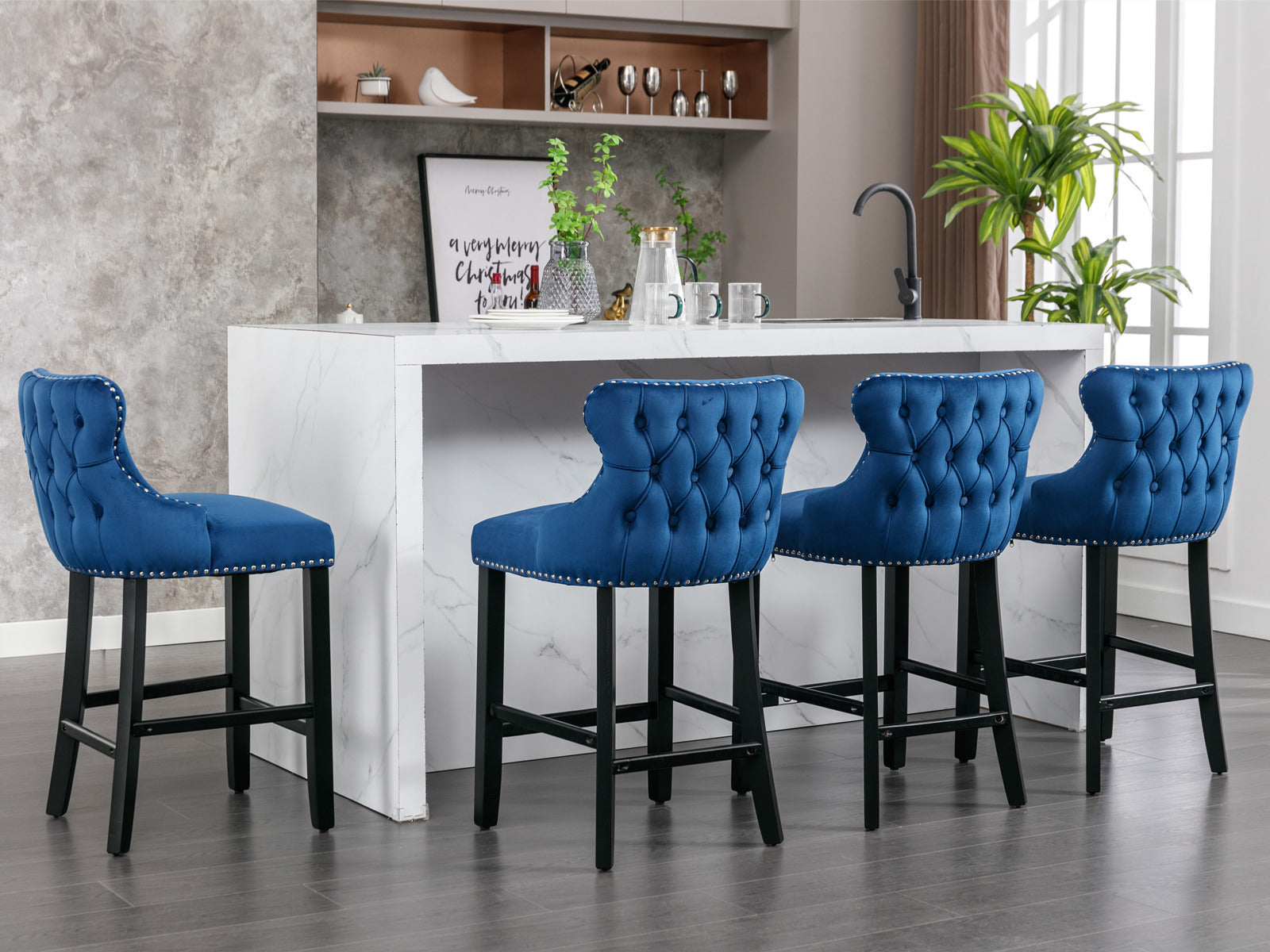 Contemporary Velvet Upholstered Wing-Back Barstools with Button Tufted Decoration and Wooden Legs, and Chrome Nailhead Trim, Leisure Style Bar Chairs,Bar stools,Set of 4 (Blue),SW1824BLx2 cartons