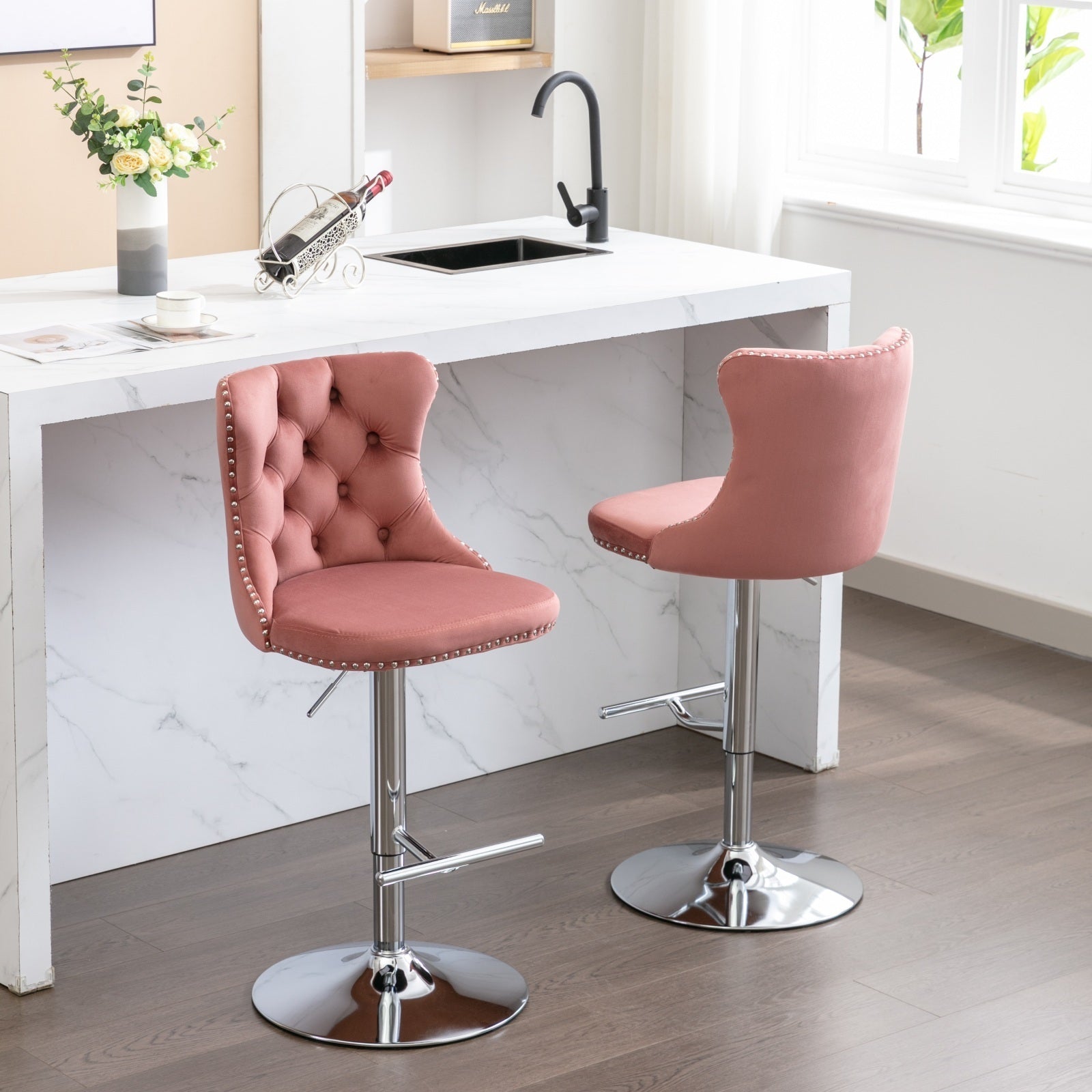 Swivel Velvet Barstools Pink Set of 2