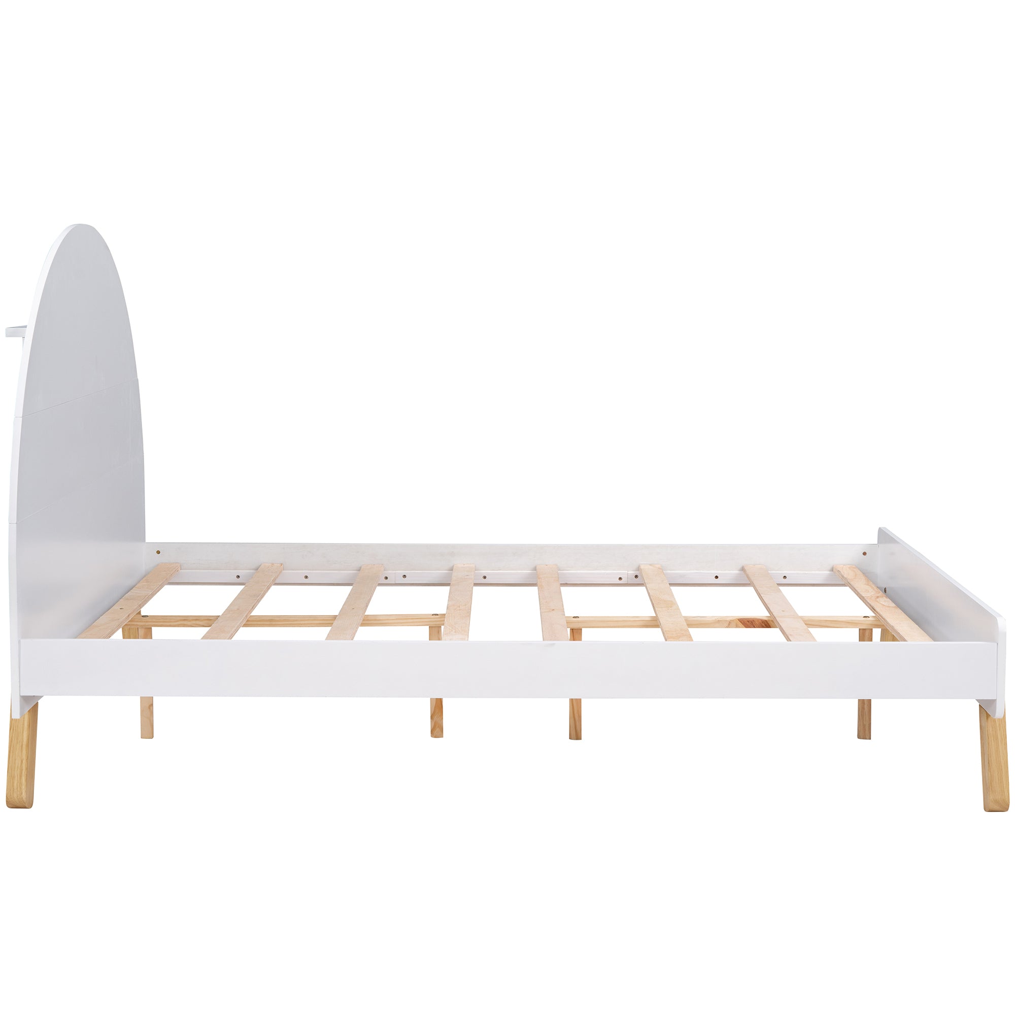 Wooden Cute Platform Bed With Curved Headboard ,Full Size Bed With Shelf Behind Headboard,White