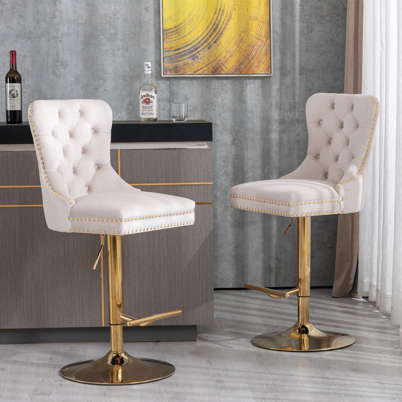 A&A Furniture,Thick Golden Swivel Velvet Barstools Adjusatble Seat Height from 27-35 Inch, Modern Upholstered Bar Stools with Backs Comfortable Tufted for Home Pub and Kitchen Island (Beige,Set of 2)