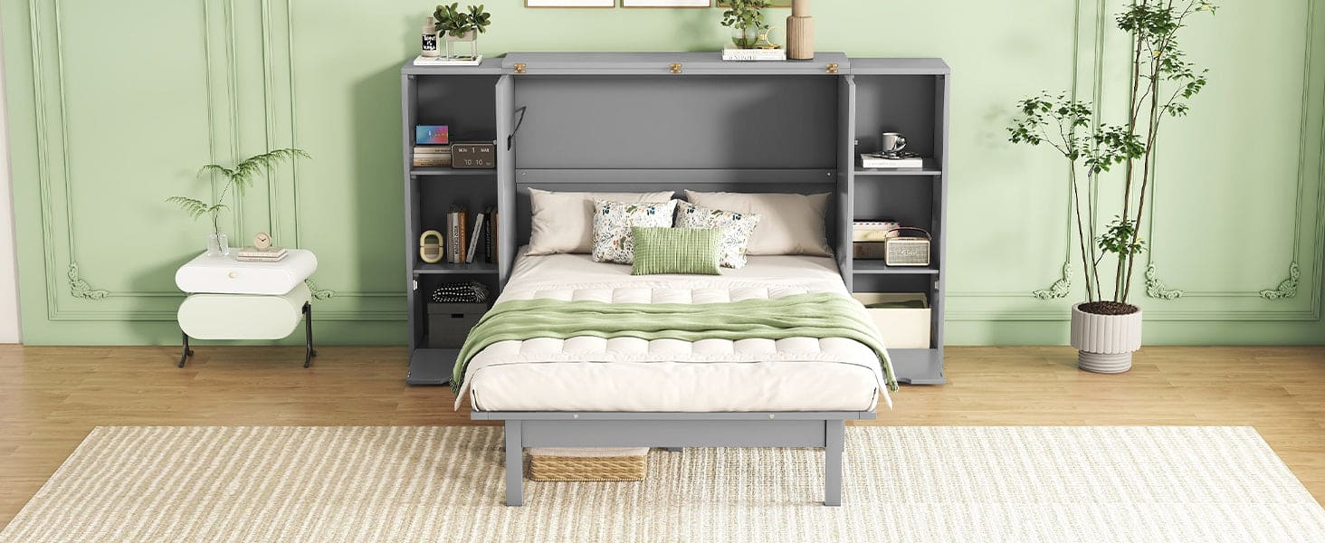 Queen Size Murphy Bed with Shelves, Drawers and USB Ports,Gray