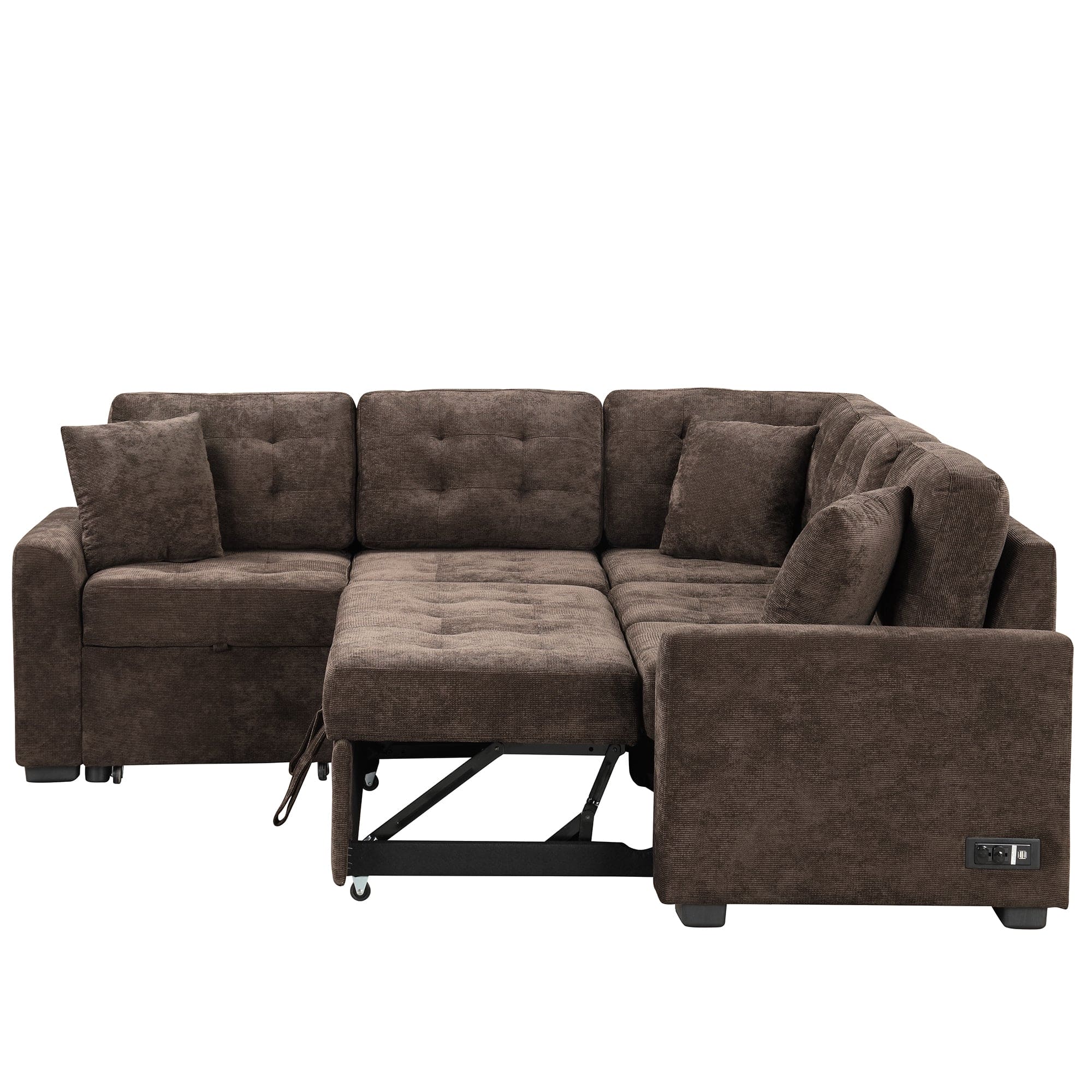 82.6" L-shape Sofa Bed Pull-out Sleeper Sofa with Wheels, USB Ports, Power Sockets for Living Room, Brown