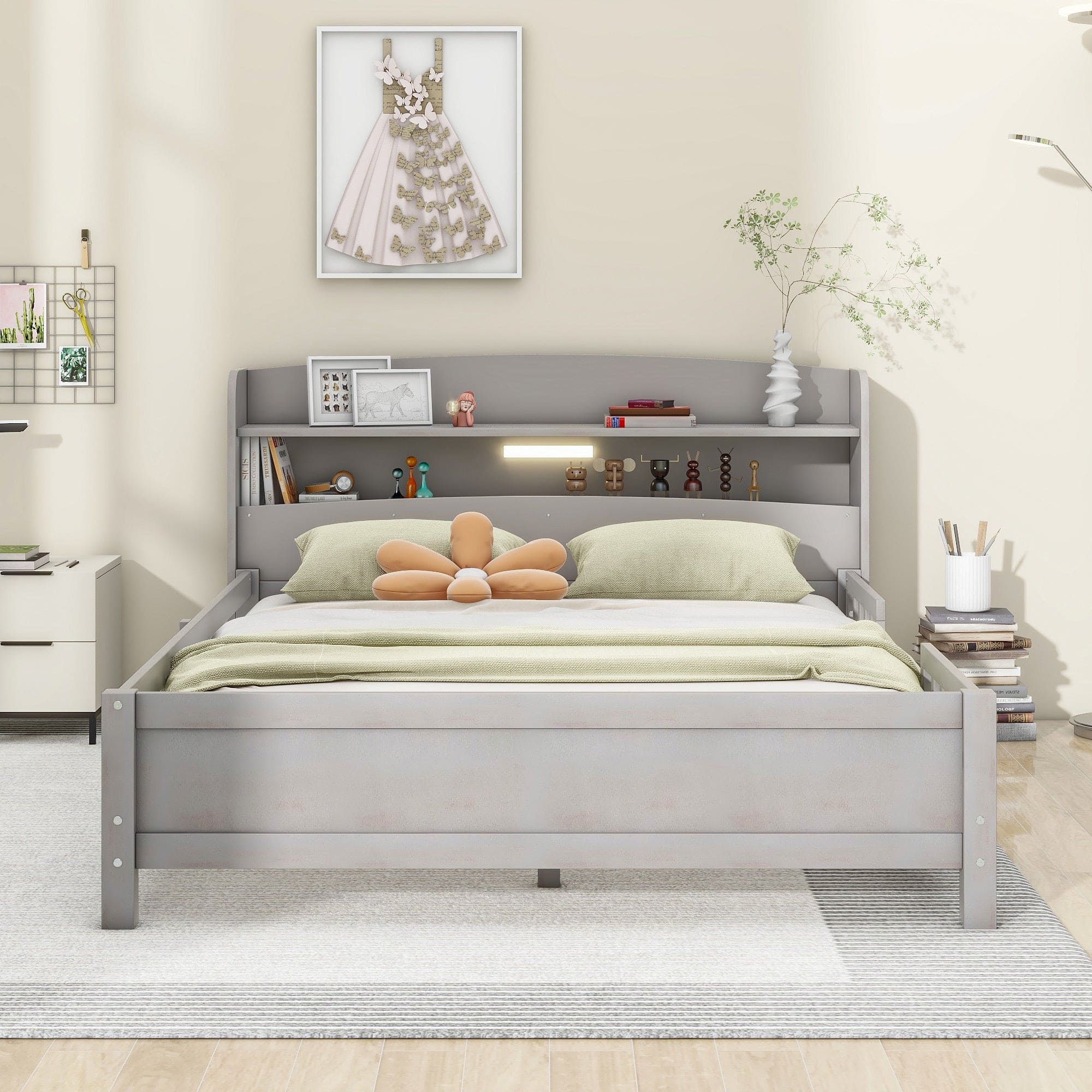 Wood Full Size Platform Bed with Built-in LED Light, Storage Headboard and Guardrail, Antique Grey