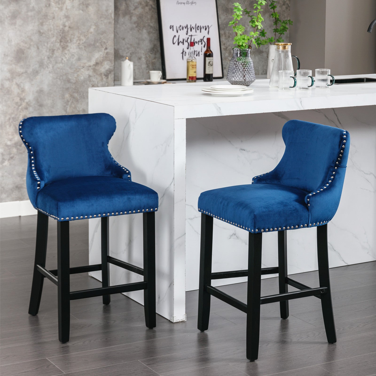 A&A Furniture,Contemporary Velvet Upholstered Wing-Back Barstools with Button Tufted Decoration and Wooden Legs, and Chrome Nailhead Trim, Leisure Style Bar Chairs,Bar stools,Set of 2 (Blue),SW1824BL