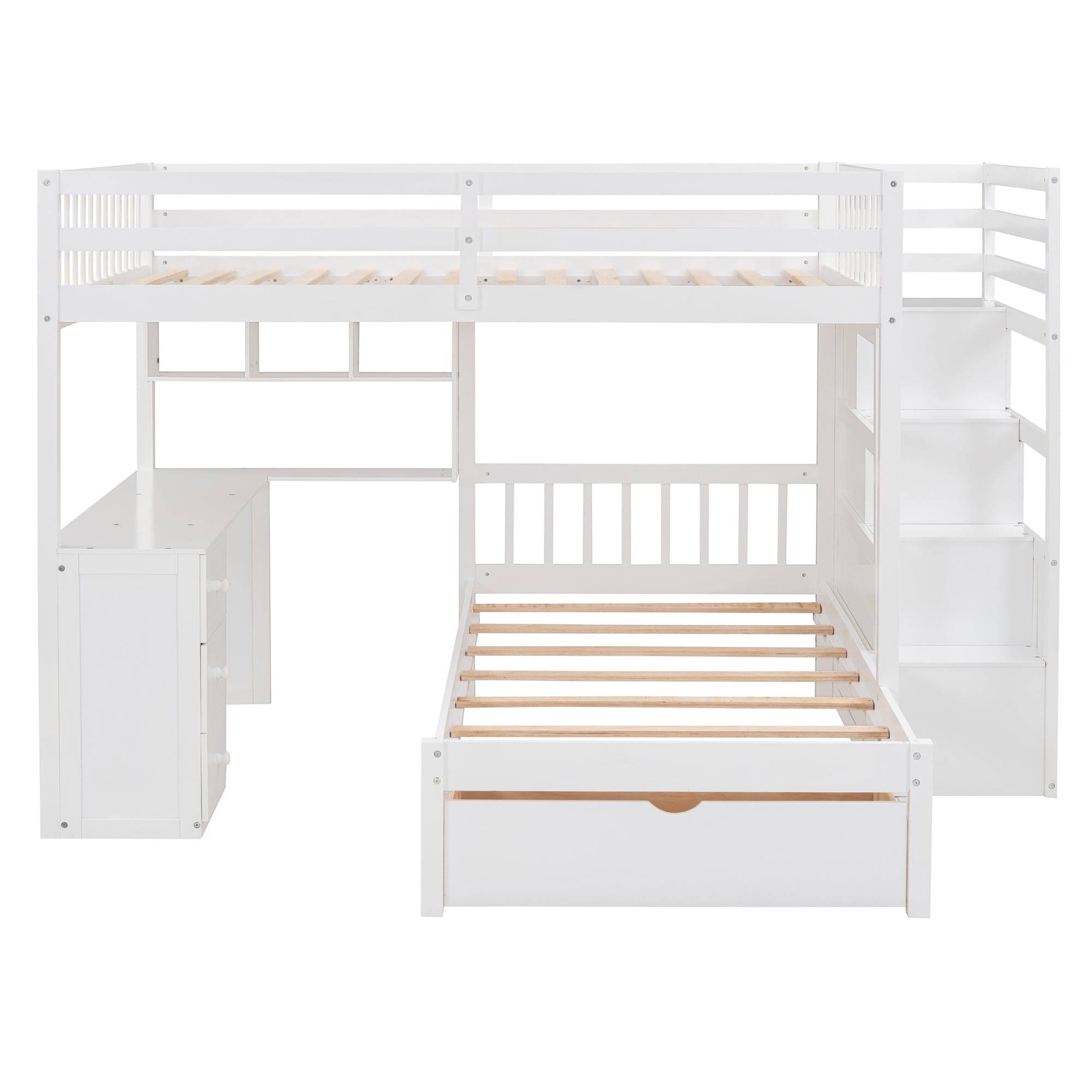 Full Over Twin Bunk Bed with Desk, Drawers and Shelves, White