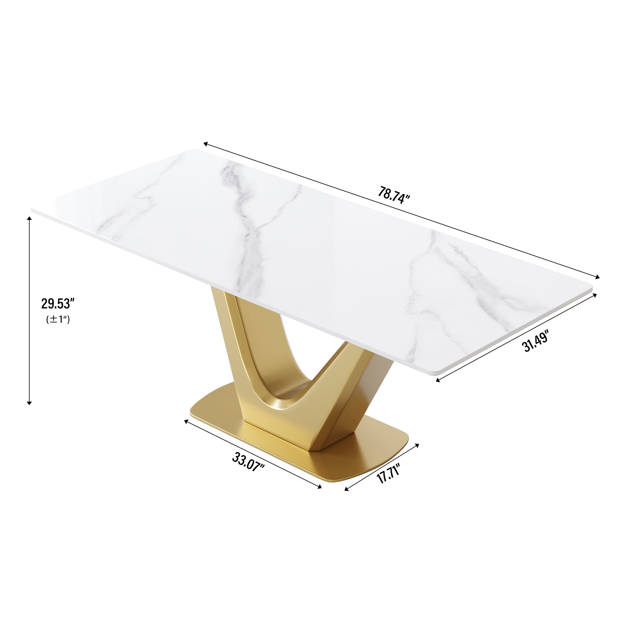 78.74 "modern artificial stone white panel golden V-shaped metal legs-can accommodate 8 people.