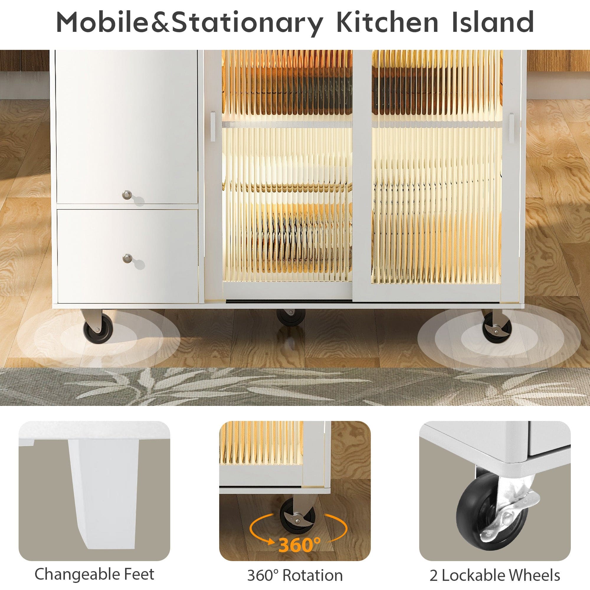 Kitchen Island with Drop Leaf, LED Light Kitchen Cart on Wheels with 2 Fluted Glass Doors and 1 Flip Cabinet Door, Large Kitchen Island Cart with an Adjustable Shelf and 2 Drawers (White)