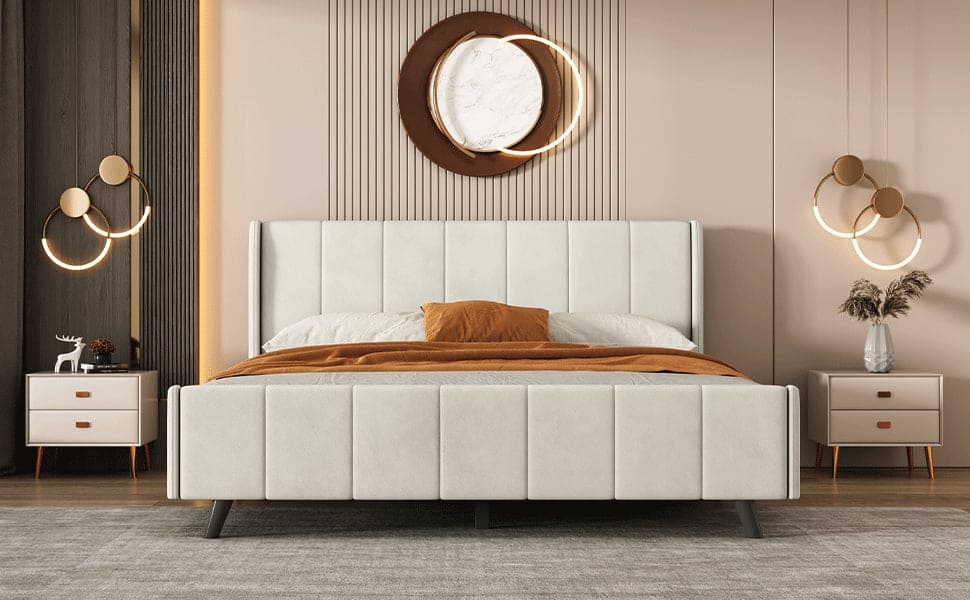 Queen Size Upholstered Platform Bed, Velvet, Beige