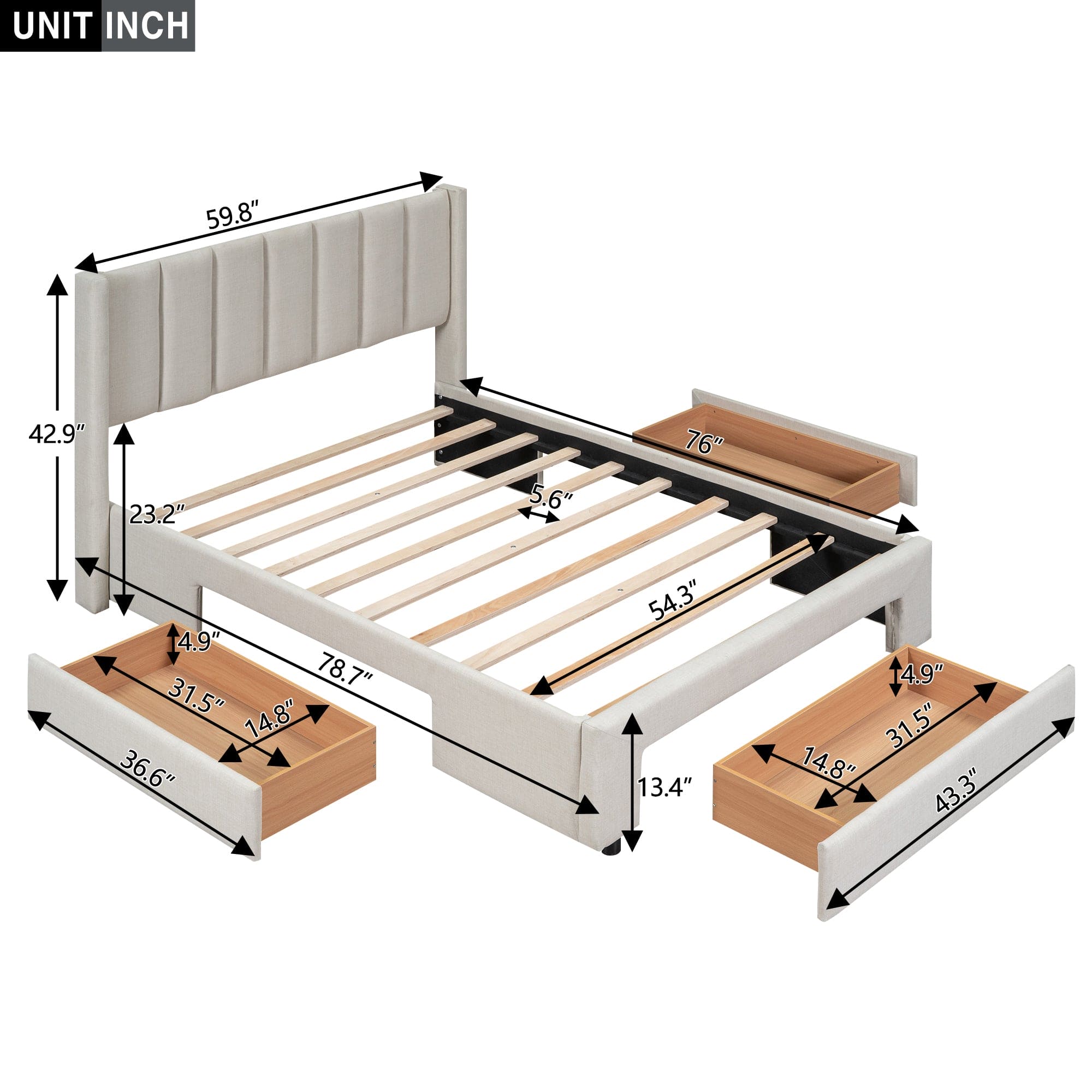 Full Size Upholstered Platform Bed with One Large Drawer in the Footboard and Drawer on Each Side,Beige