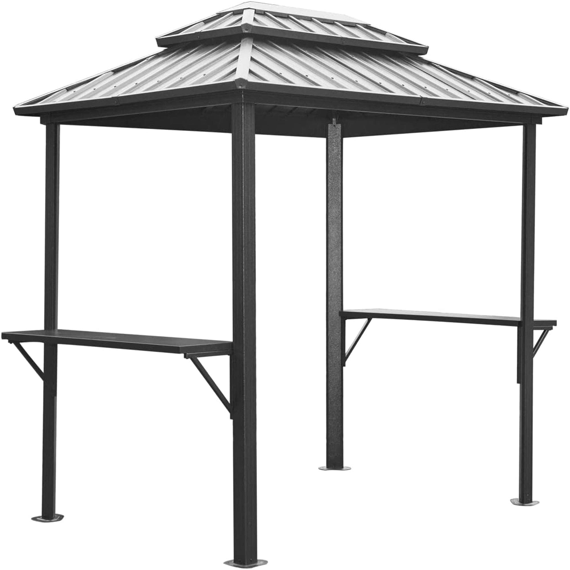 Grill Gazebo 8' × 6', Aluminum BBQ Gazebo Outdoor Metal Frame with Shelves Serving Tables, Permanent Double Roof Hard top Gazebos for Patio Lawn Deck Backyard and Garden (Grey)