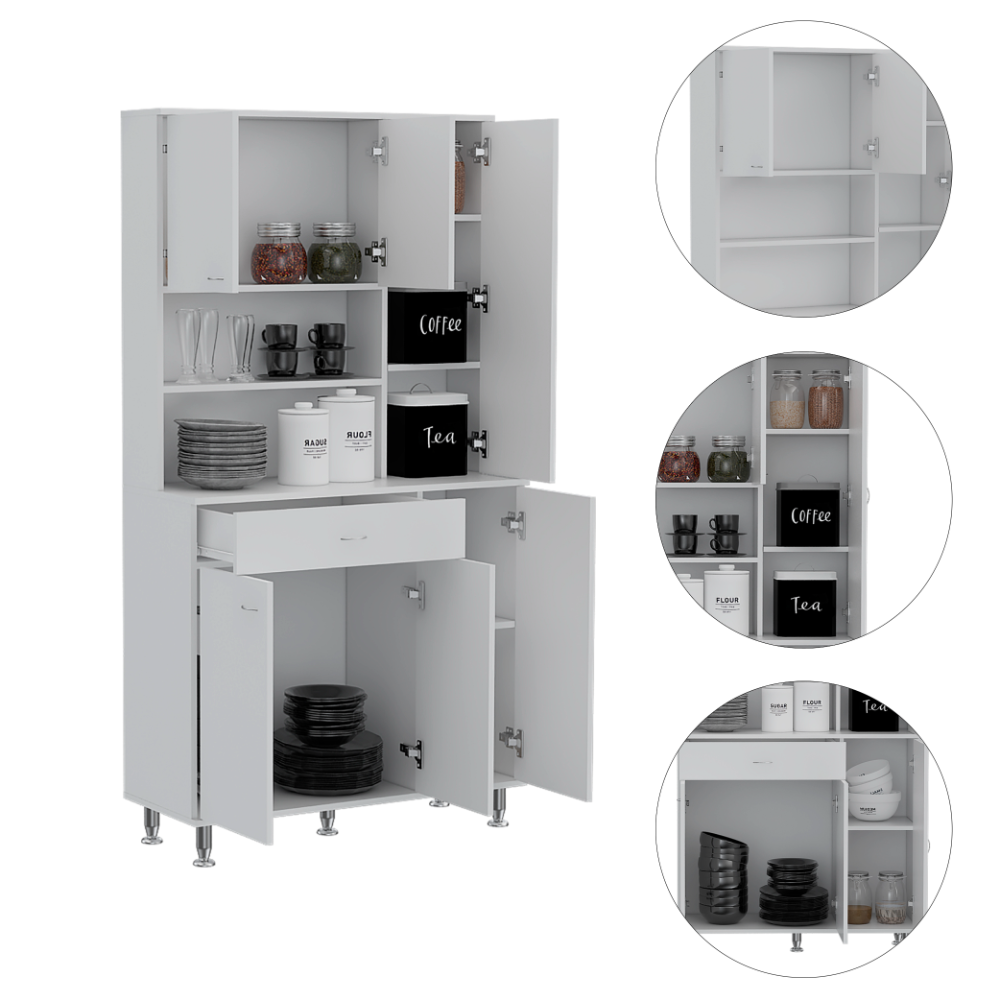 Della 90 Kitchen Pantry, One Drawer, Multiple Cabinets, Two Open Shelvess -White