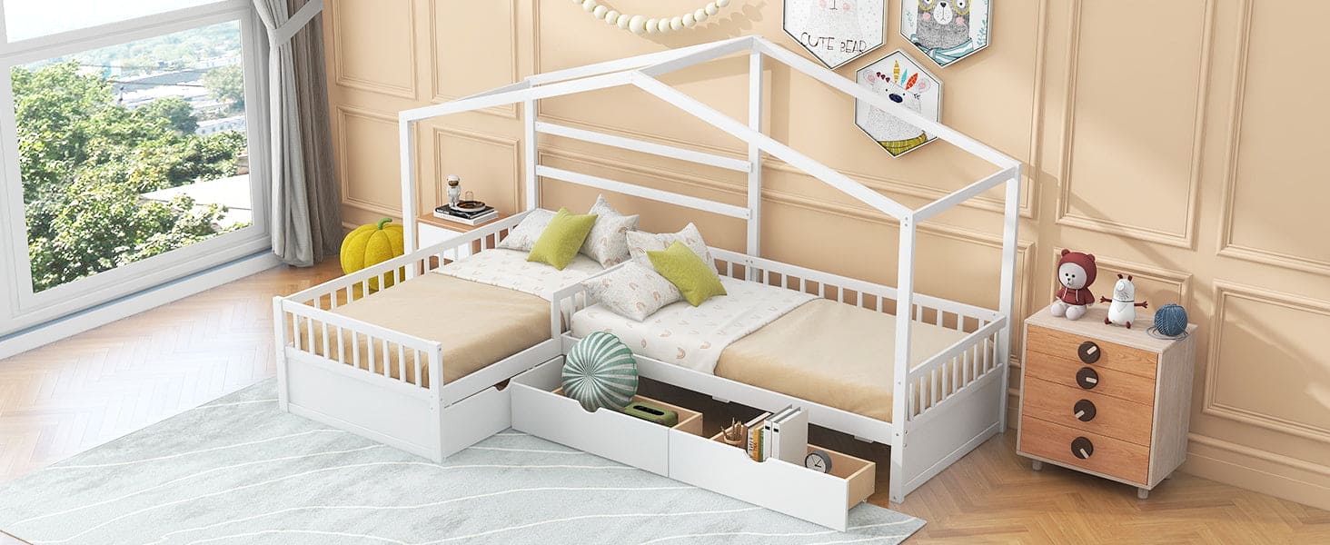 Twin Size House Platform Bed with Three Storage Drawers,White