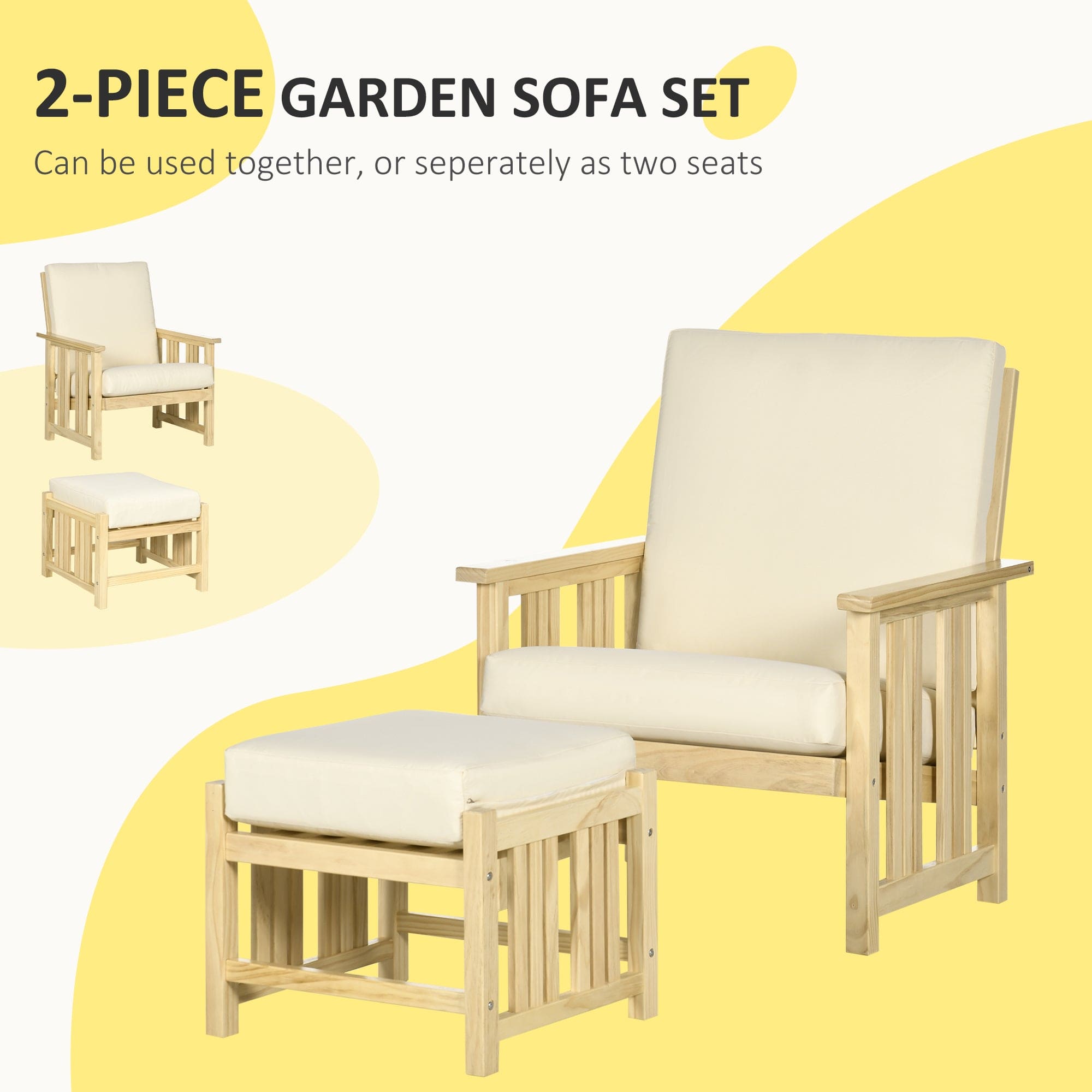 Outsunny Patio Furniture Set, Wood Outdoor Patio Chair with Ottoman, 2 Piece Cushioned Outdoor Lounge Chair, Sofa Chair with Footrest, Beige