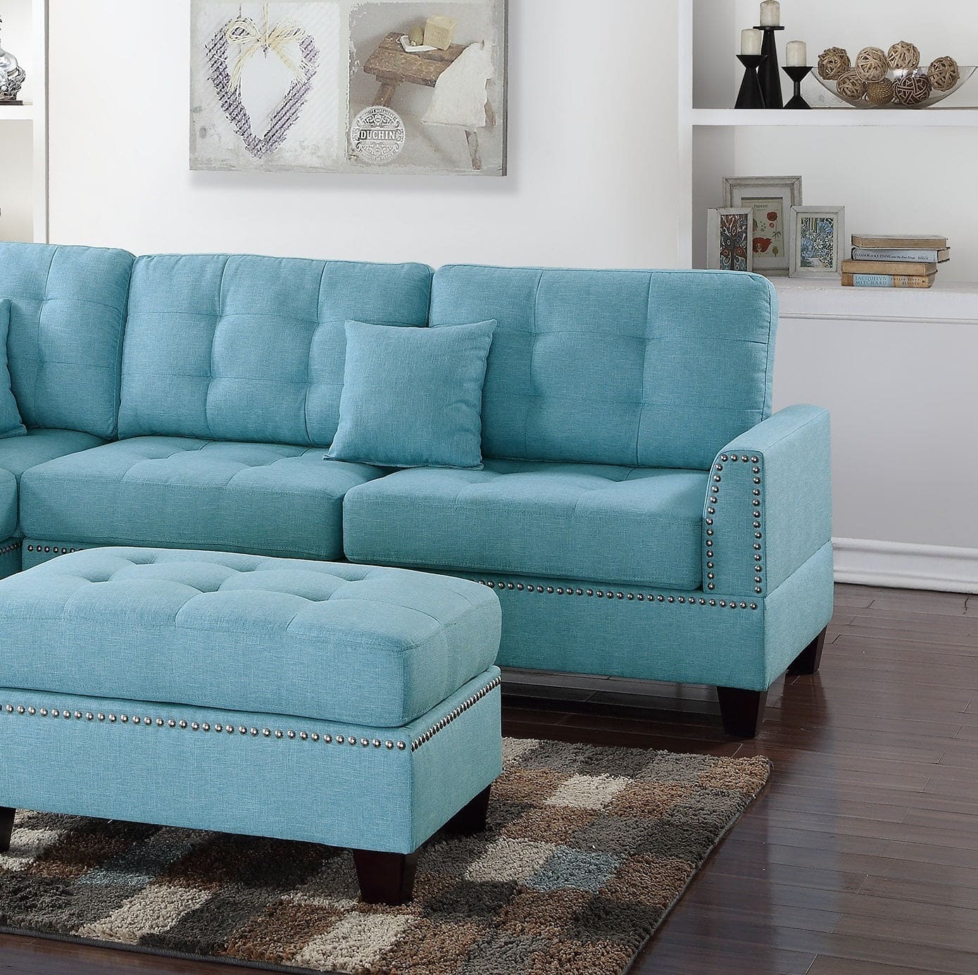 Modern Blue Color 3pcs Sectional Living Room Furniture Reversible Chaise Sofa And Ottoman Tufted Polyfiber Linen Like Fabric Cushion Couch Pillows