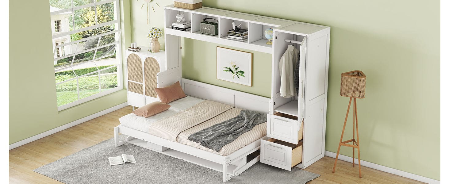 Full Size Murphy Bed Wall Bed with Closet and Drawers,White