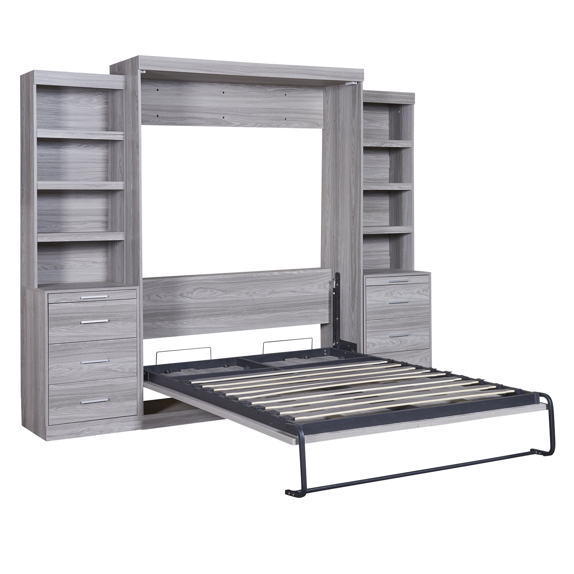 Full Size Murphy Bed with Storage Shelves and Drawers, Gray