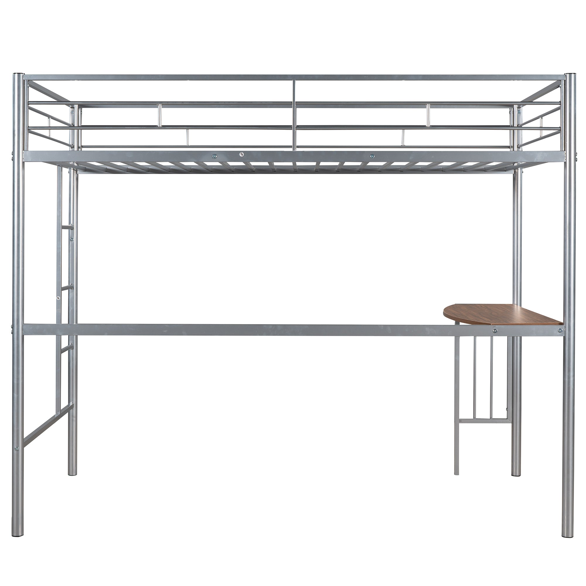 Twin Over Full Metal Bunk Bed with Desk, Ladder and Quality Slats for Bedroom, Metallic Silver（OLD SKU :LP000092AAN）