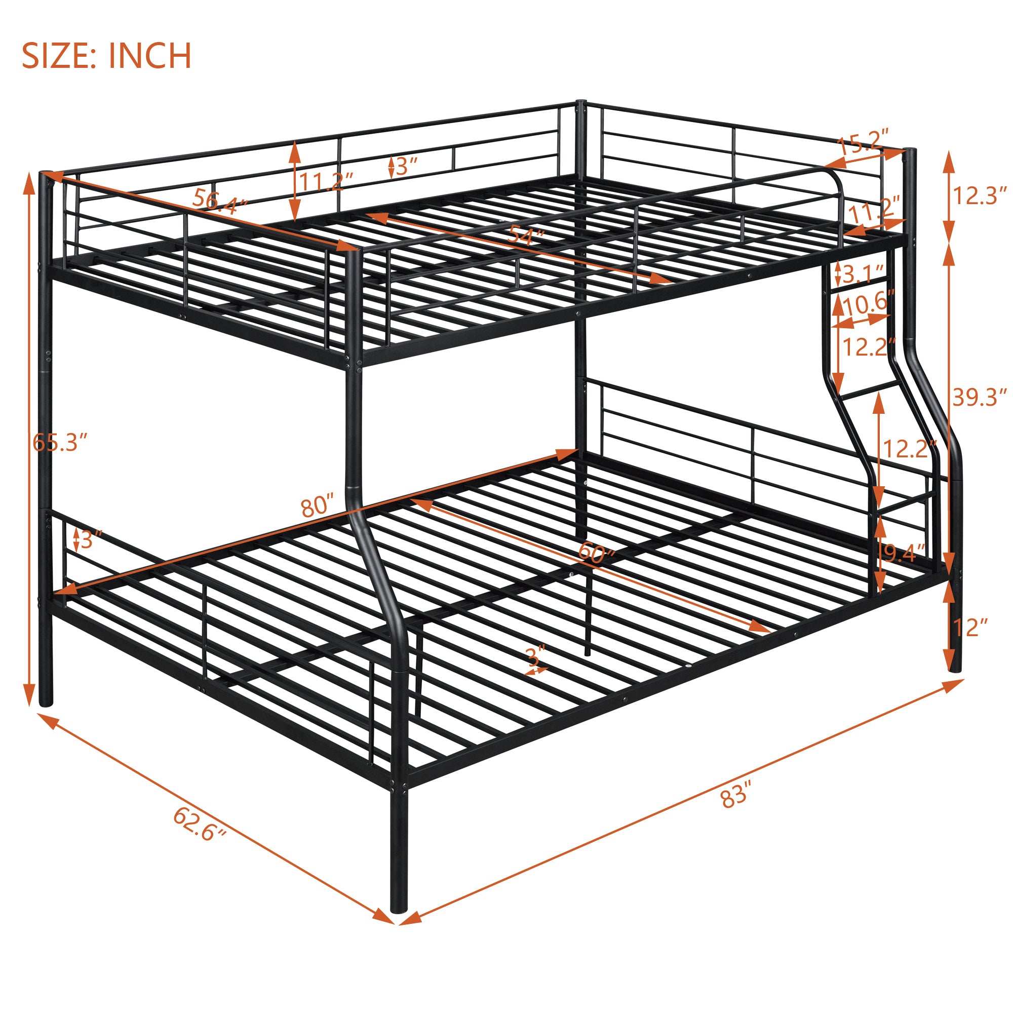 Full XL Over Queen Metal Bunk Bed, Black