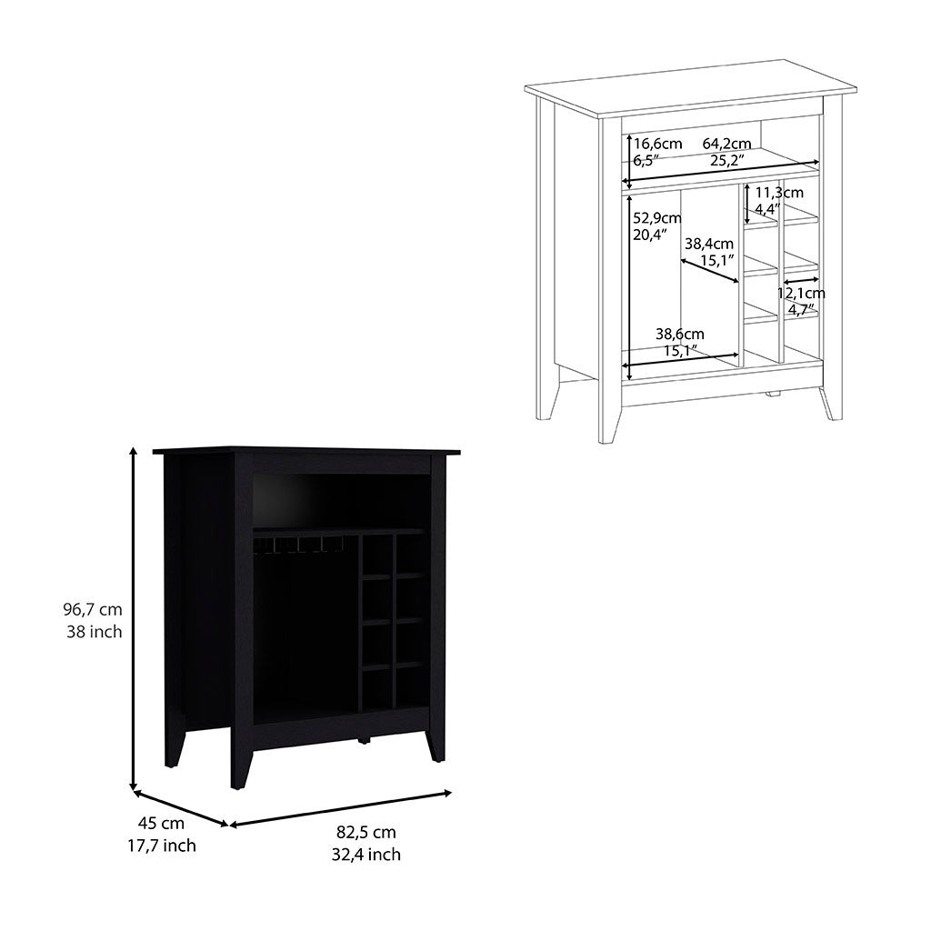 Bar Cabinet Castle, One Open Shelf, Six Wine Cubbies, Black Wengue Finish