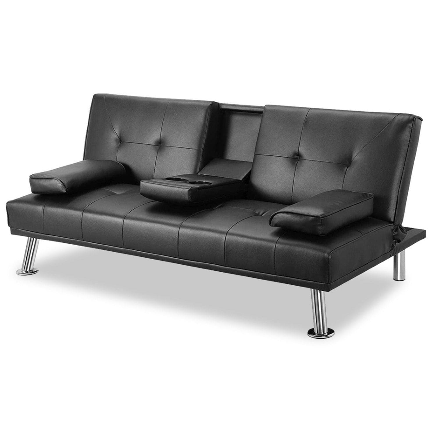 MEGA Futon Sofa Bed, Modern Faux Leather Convertible Folding Lounge Sofa for Living Room with 2 Cup Holders Removable Soft Armrests and Sturdy Metal Legs, Charming Black.