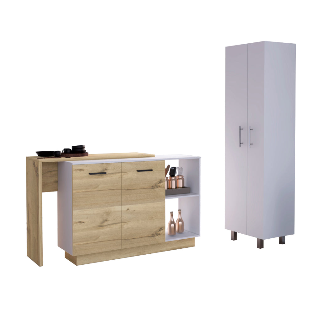 Crescent 7-Shelf 4-Door 2-piece Kitchen Set, Kitchen Island and Pantry White and Light Oak