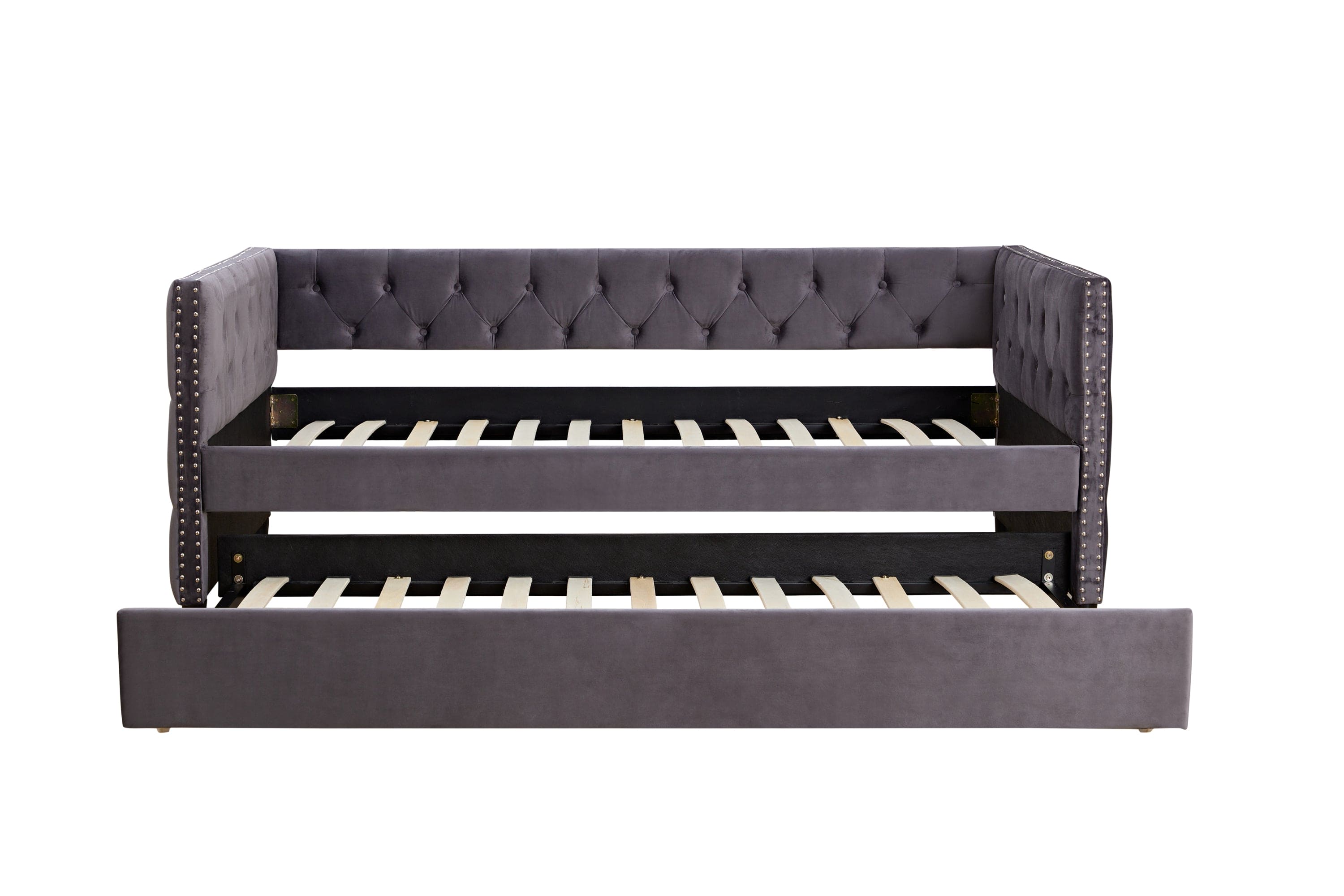 Daybed with Trundle Sofa Bed, upgraded velvet upholstered sofa bed, with Button and copper nail on square arms,bedroom living room furniture (Grey,Twin,83.47"x41.91"x30.71")