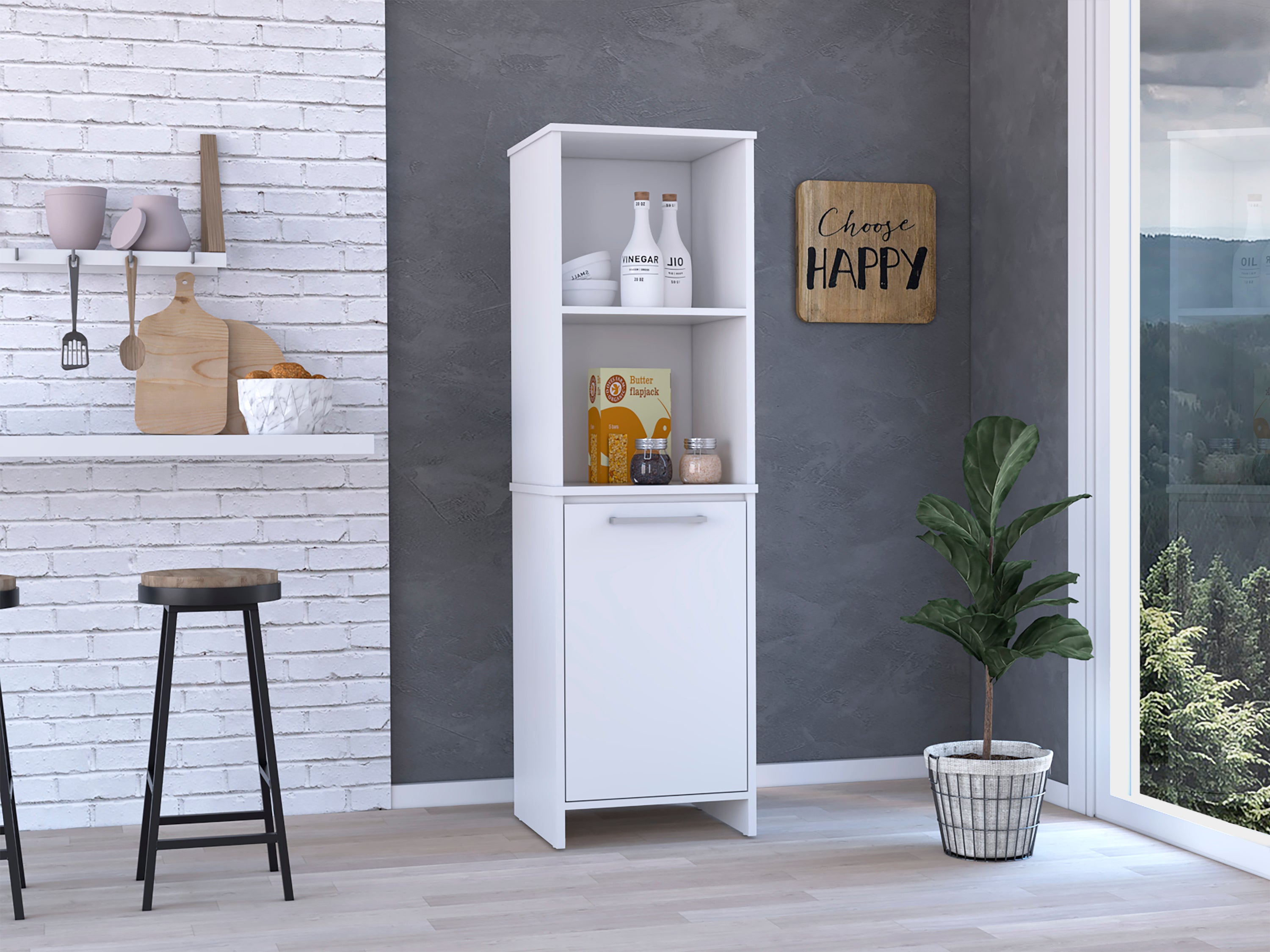 Kitchen Pantry Feery, Single Door Cabinet, Interior and External Shelves, White Finish