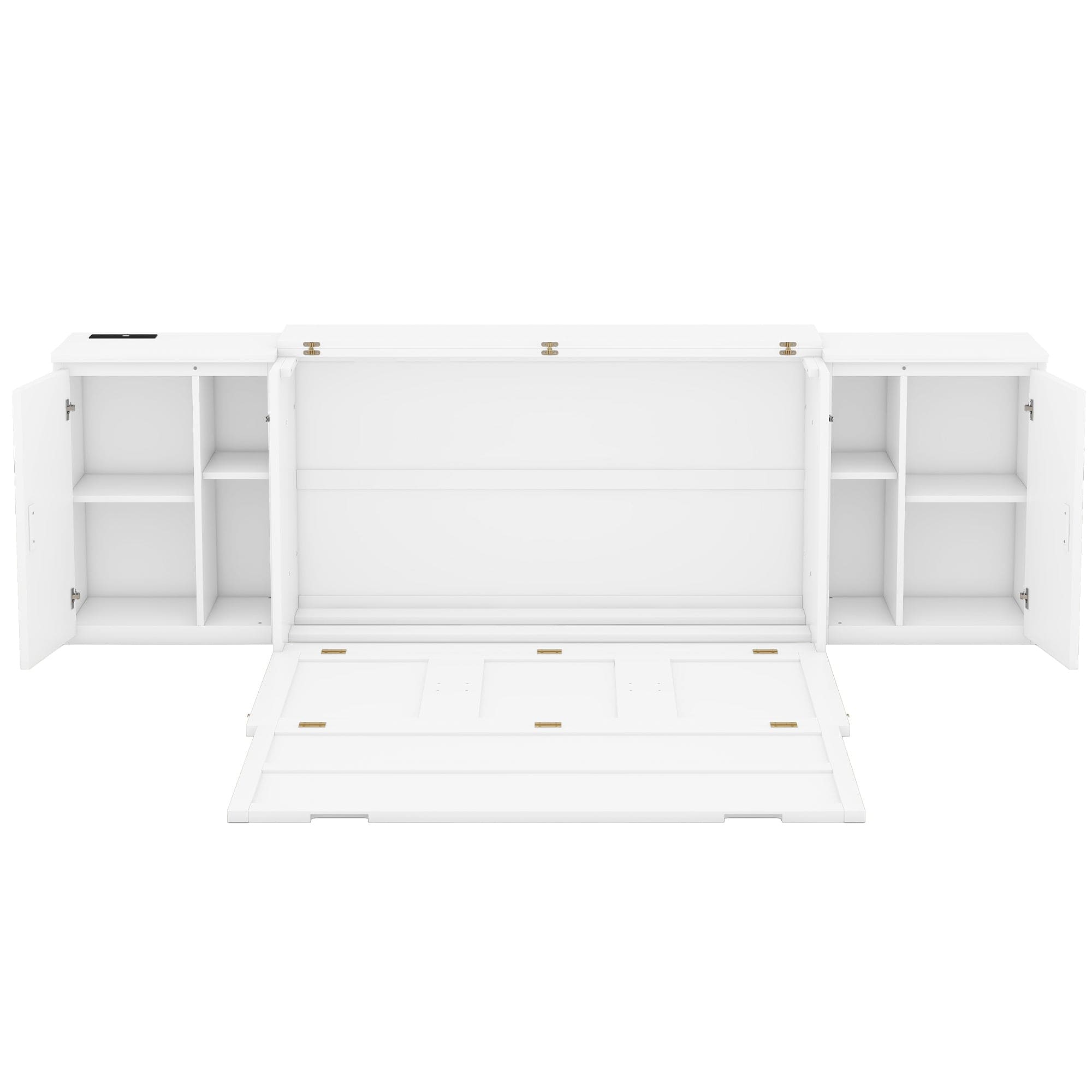 Queen Size Murphy Bed with Shelves, Cabinets and USB Ports,White