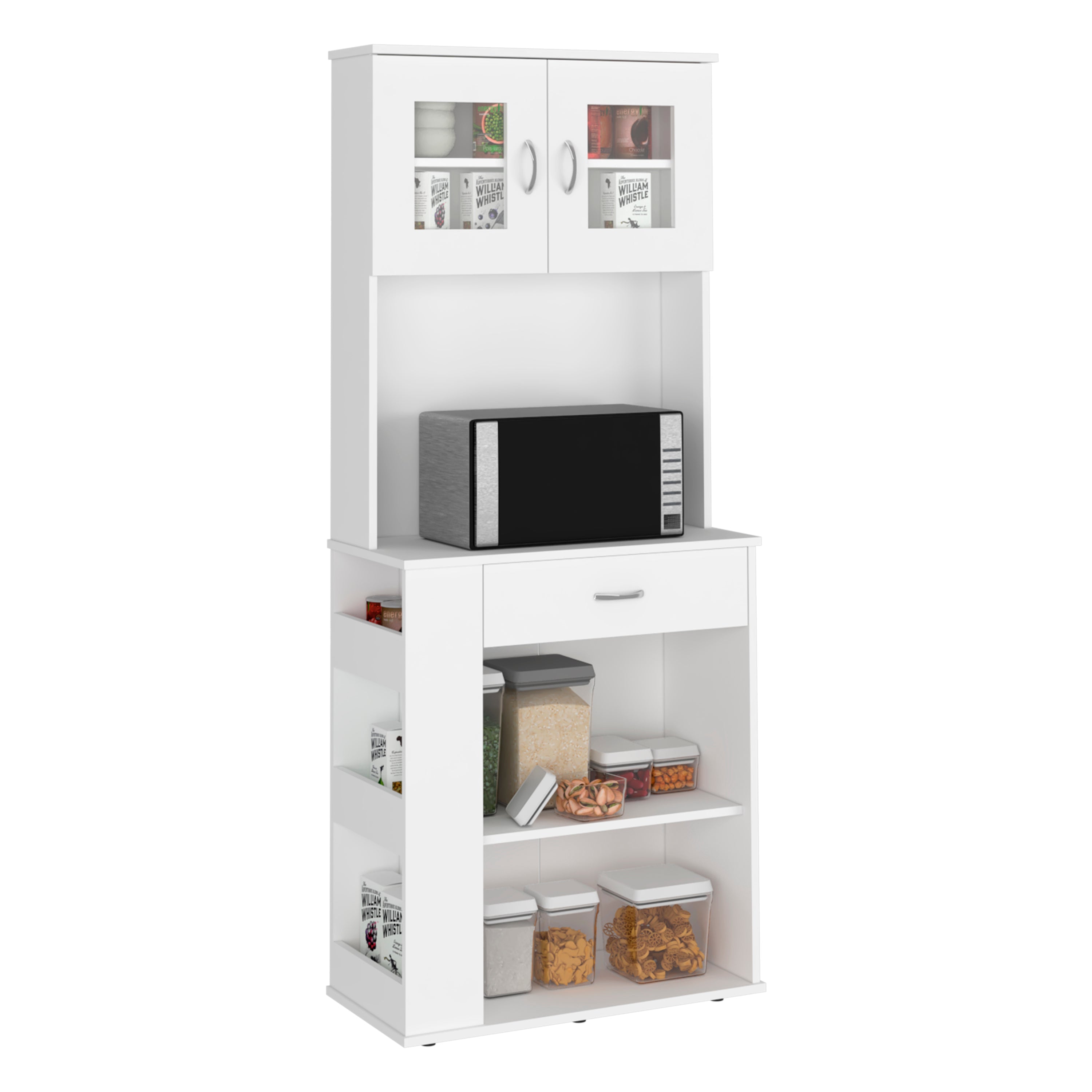 Pantry Double Door Cabinet Folbert, Three Side Shelves, White Finish