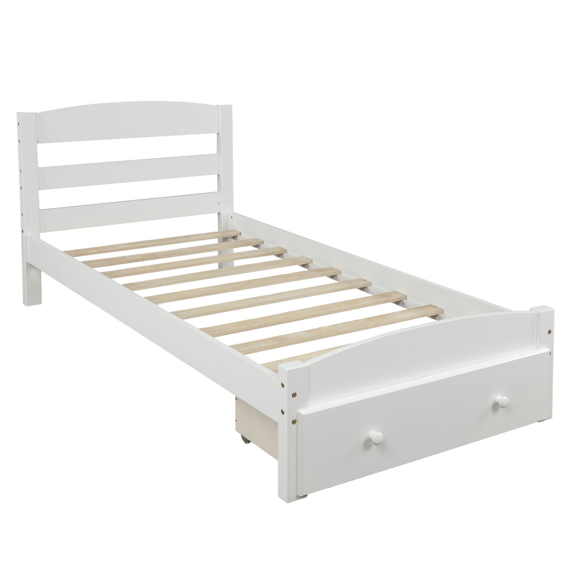 Platform Twin Bed Frame with Storage Drawer and Wood Slat Support No Box Spring Needed, White