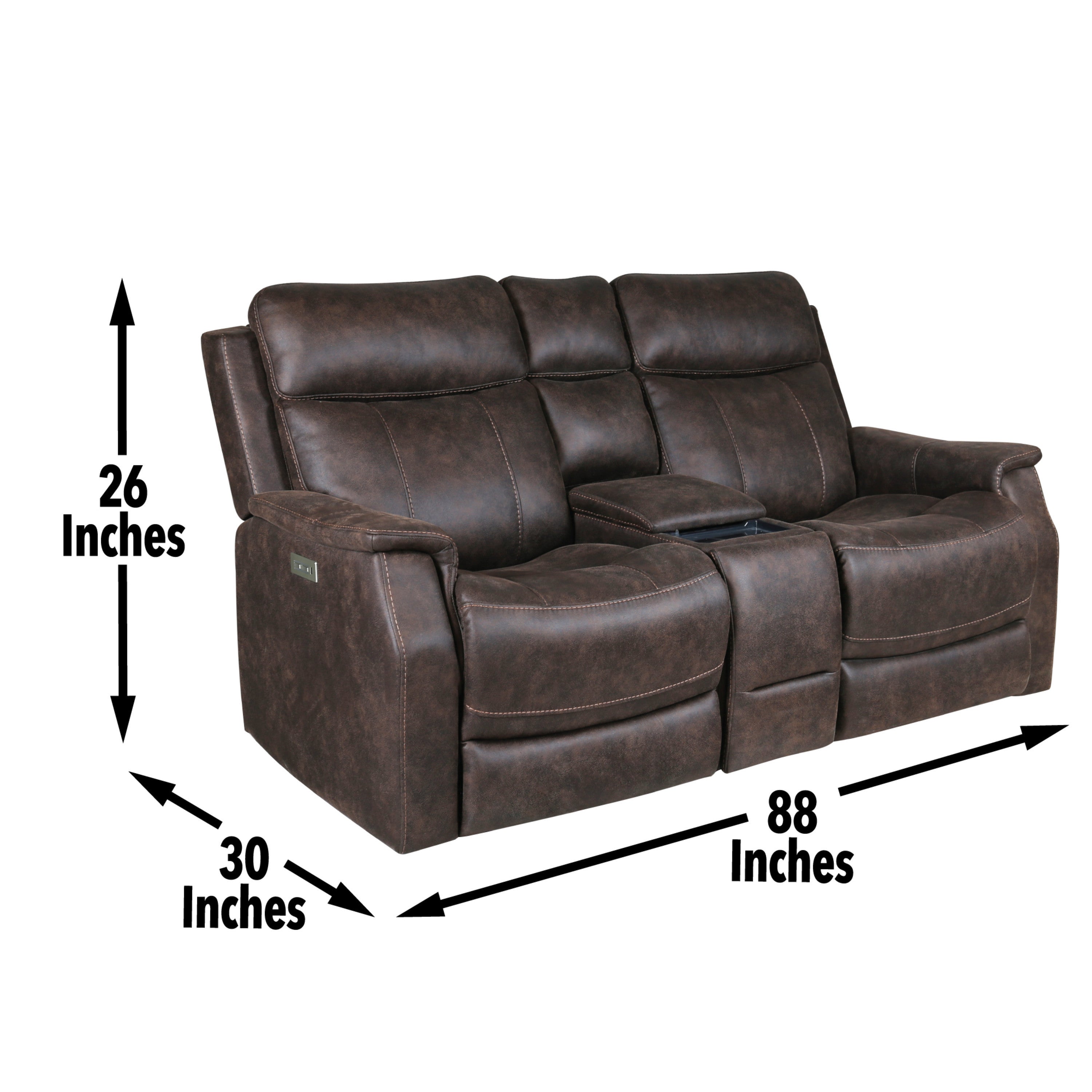 Tailored Power Console Loveseat - Nubuck-Like Leatherette, Power Headrest, Power Footrest - Contemporary Silhouette, Hidden Storage, USB Charging