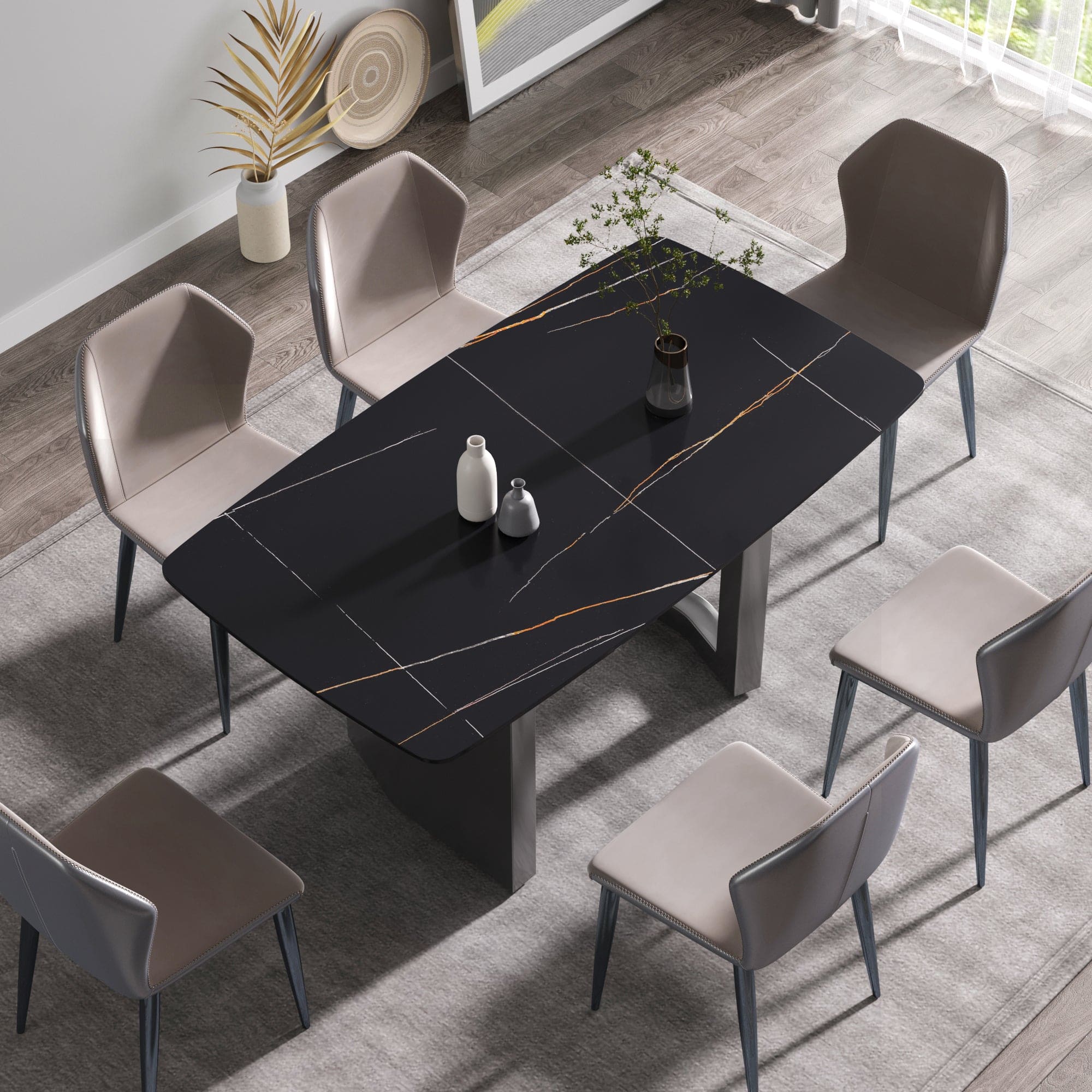 63"Modern artificial stone black curved black metal leg dining table -6 people