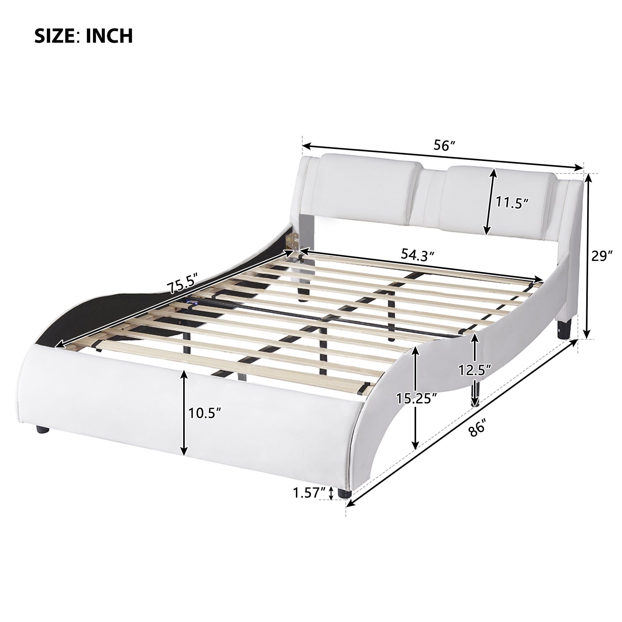 Full Size Upholstered Faux Leather Platform Bed with LED Light Bed Frame with Slatted - White