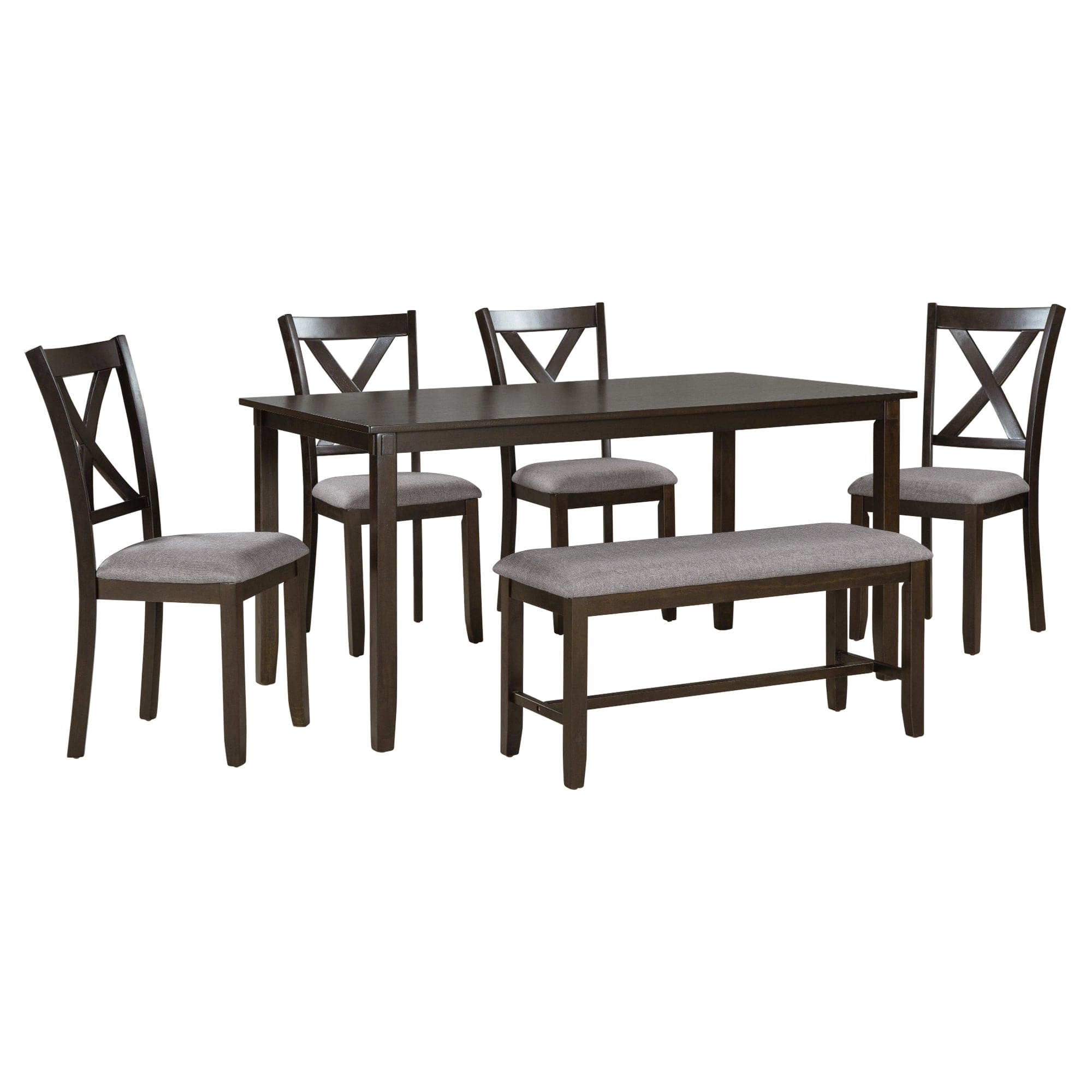 TREXM 6-Piece Kitchen Dining Table Set Wooden Rectangular Dining Table, 4 Fabric Chairs and Bench Family Furniture (Espresso)