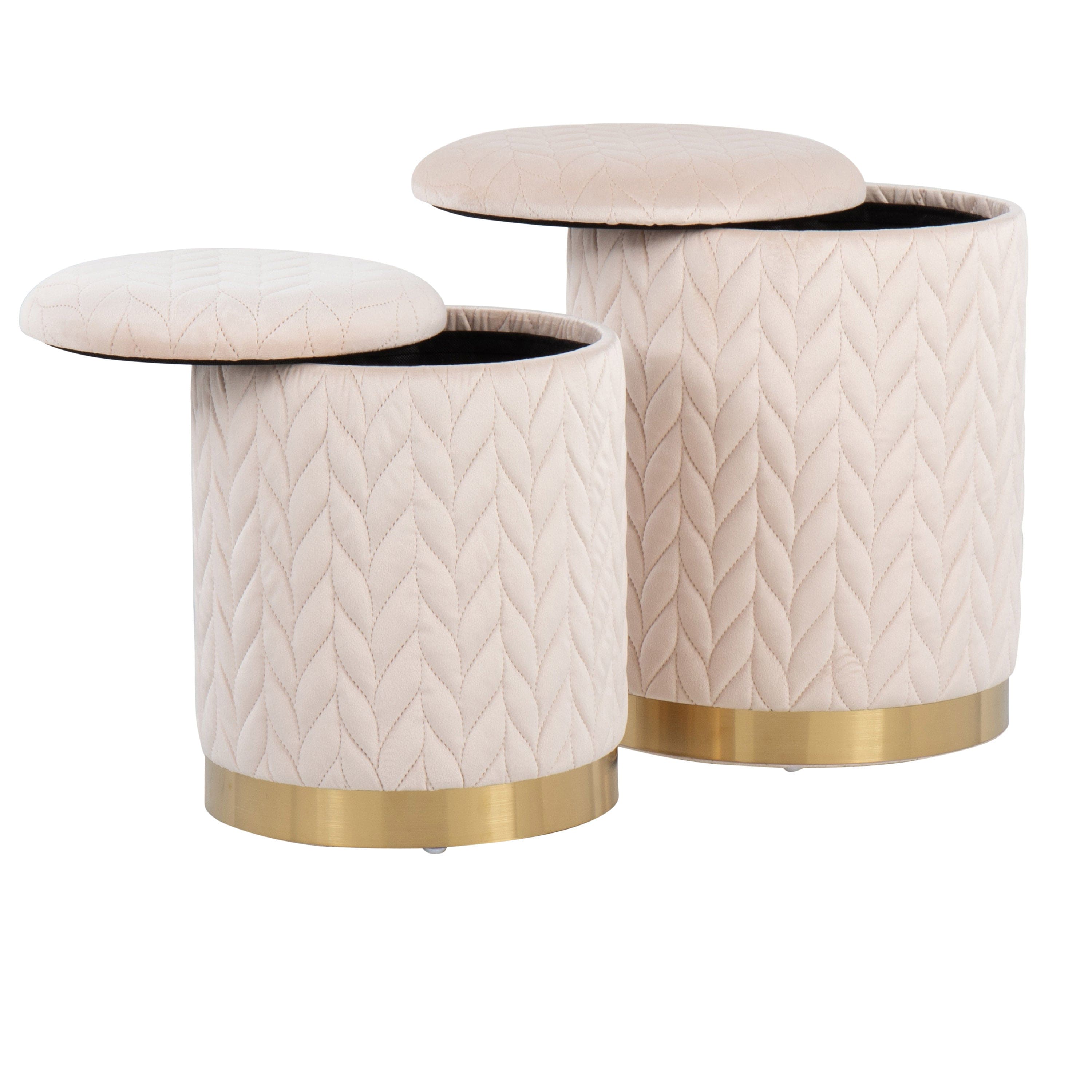 Marla Contemporary/Glam Quilted Ottoman Set in Gold Metal and Cream Velvet by LumiSource