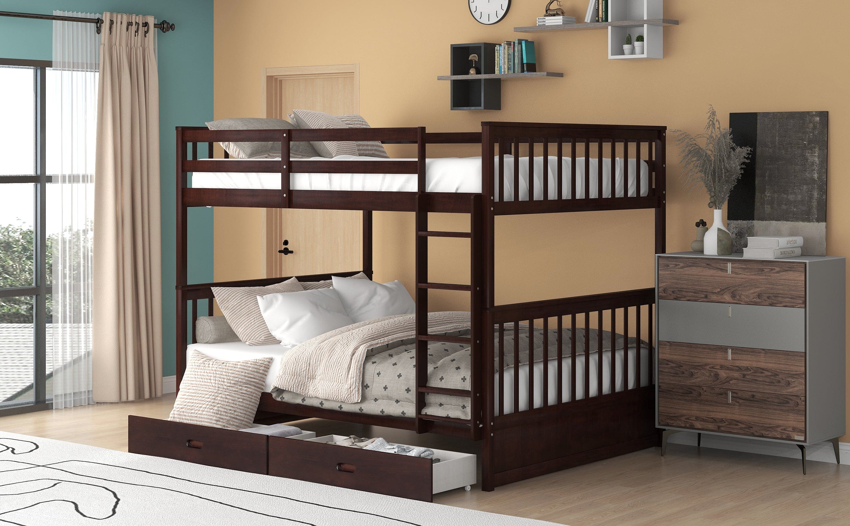 Full-Over-Full Bunk Bed with Ladders and Two Storage Drawers (Espresso)(OLD SKU:LT000365AAP)