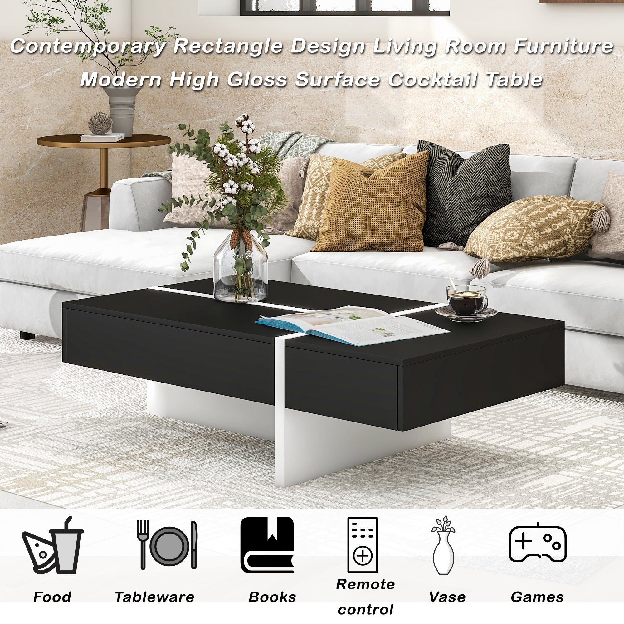 ON-TREND Contemporary Rectangle Design Living Room Furniture, Modern High Gloss Surface Cocktail Table, Center Table for Sofa or Upholstered Chairs, 45.2*25.5*13.7in, Black