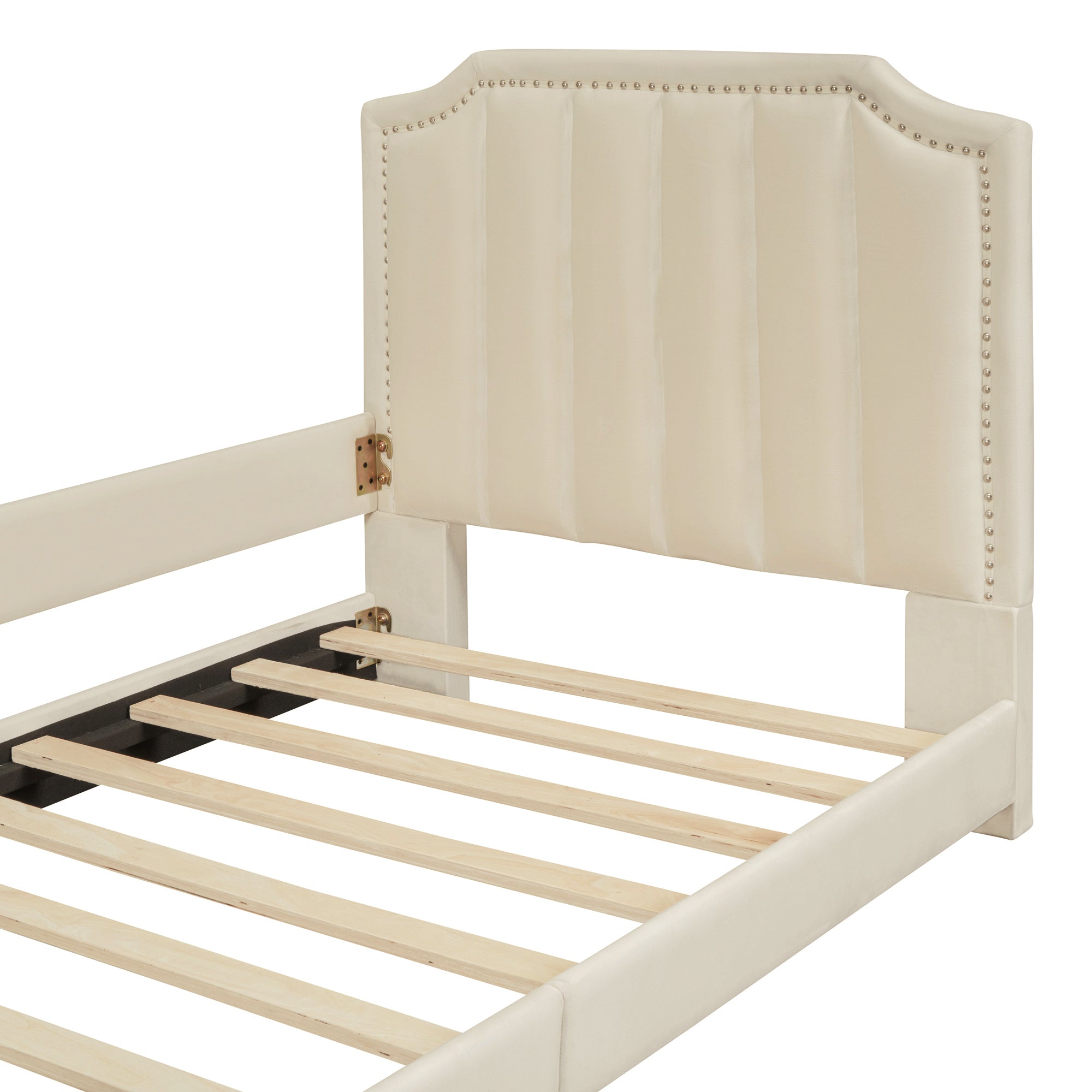 Twin Size Upholstered Daybed with Classic Stripe Shaped  Headboard, Beige