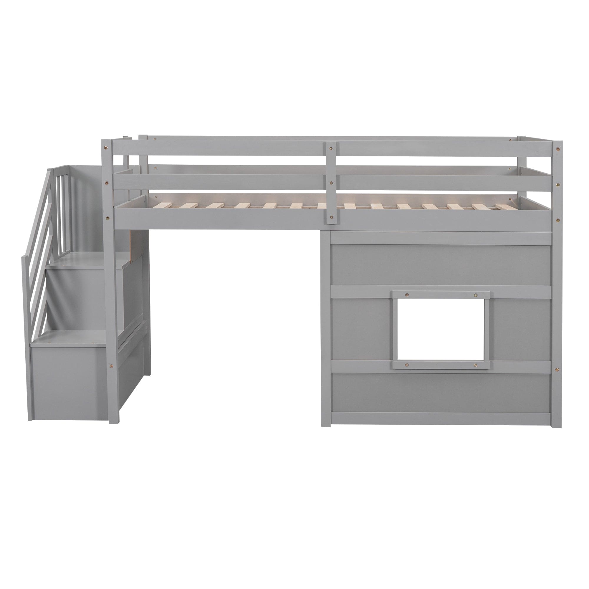 Twin Size Loft Bed with Storage Staircase and Window, Gray