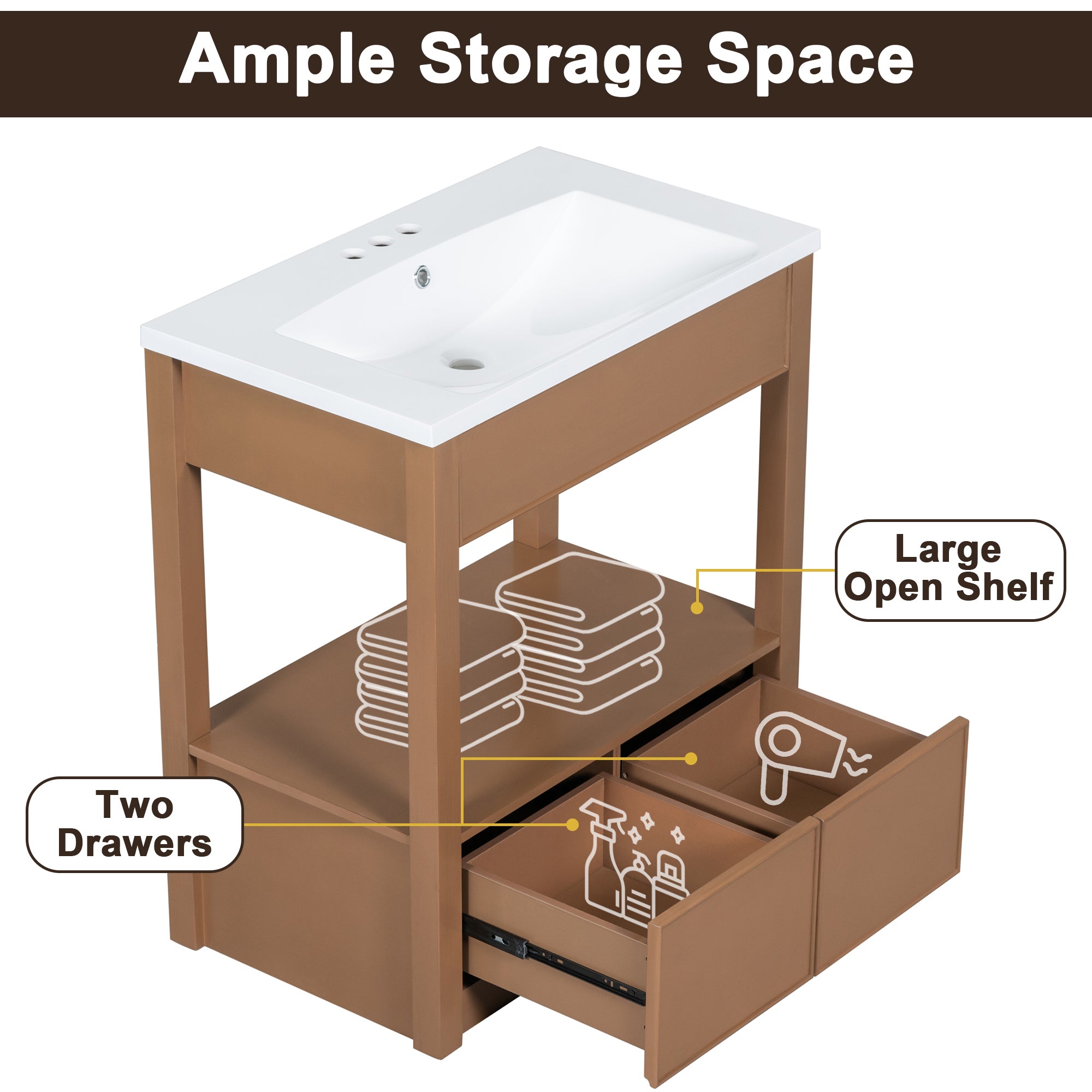 30" Bathroom Vanity without Sink Top, Cabinet Base Only, Open Storage Shelf and Two Drawers, Brown