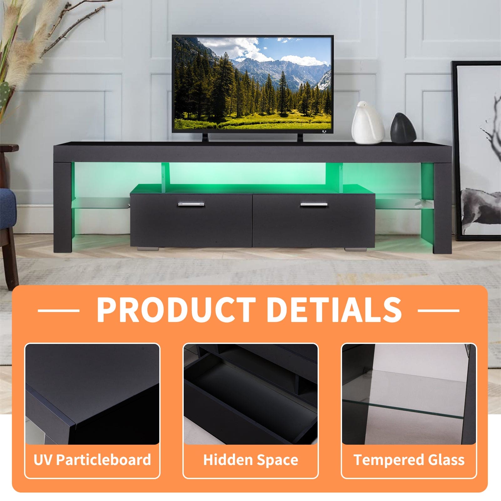 LED TV stand modern TV stand with storage Entertainment Center with drawer TV cabinet for Up to 75 inch for Gaming Living Room Bedroom